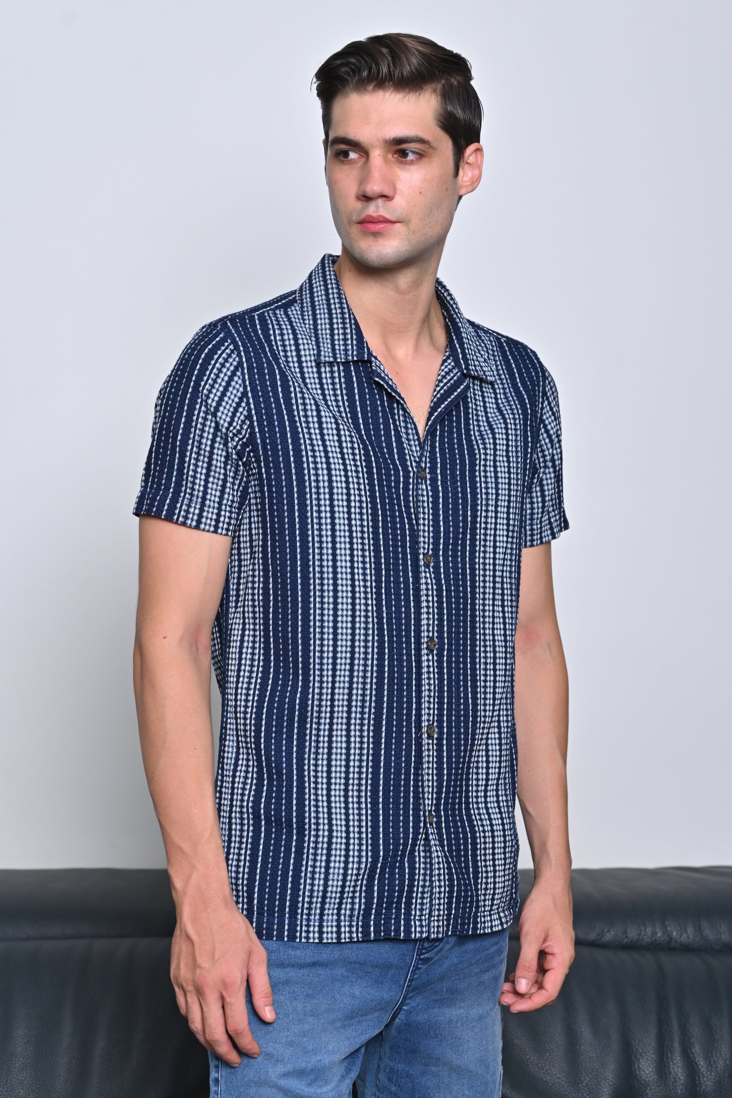 Men Waffle Dobby Indigo Striped Shirt