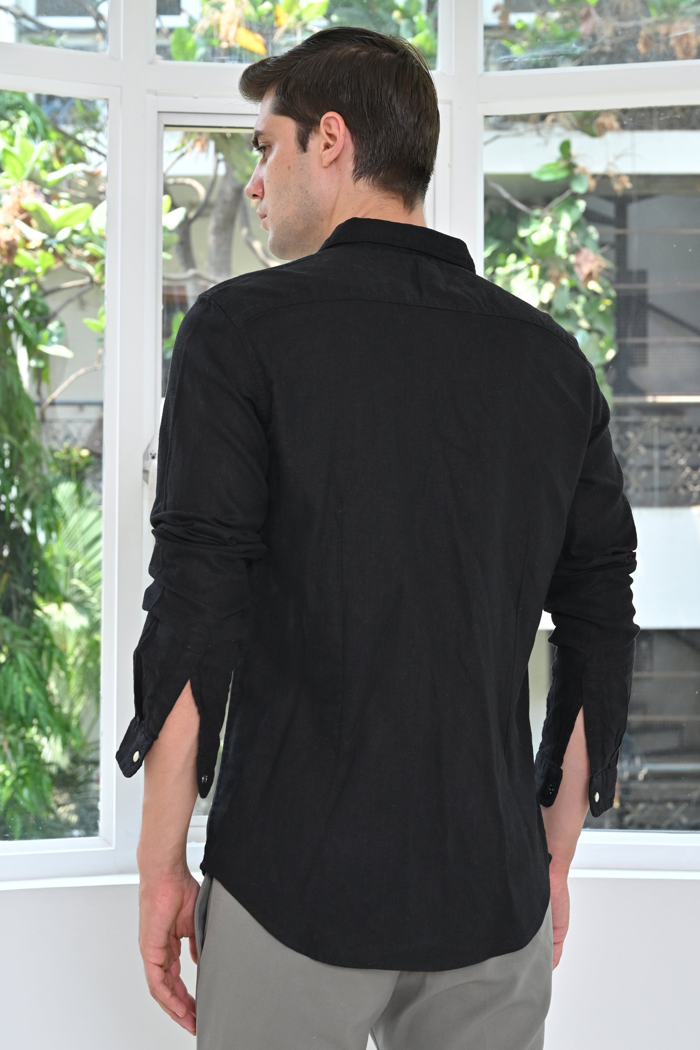 Men Pixel Linen Cotton Shirt Black