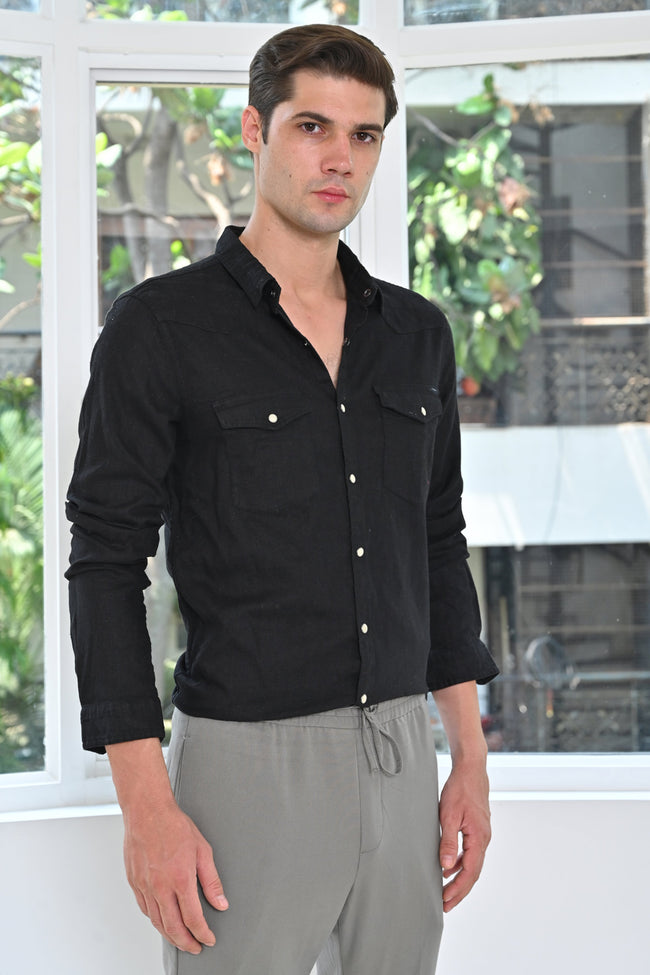 Men Pixel Linen Cotton Shirt Black
