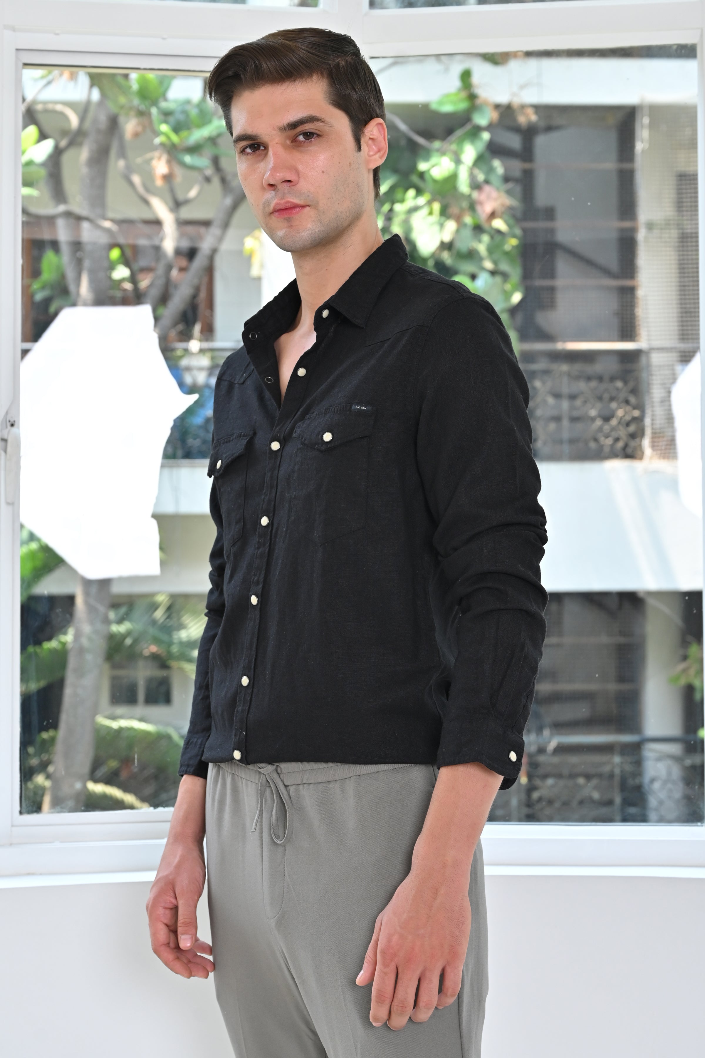 Men Pixel Linen Cotton Shirt Black