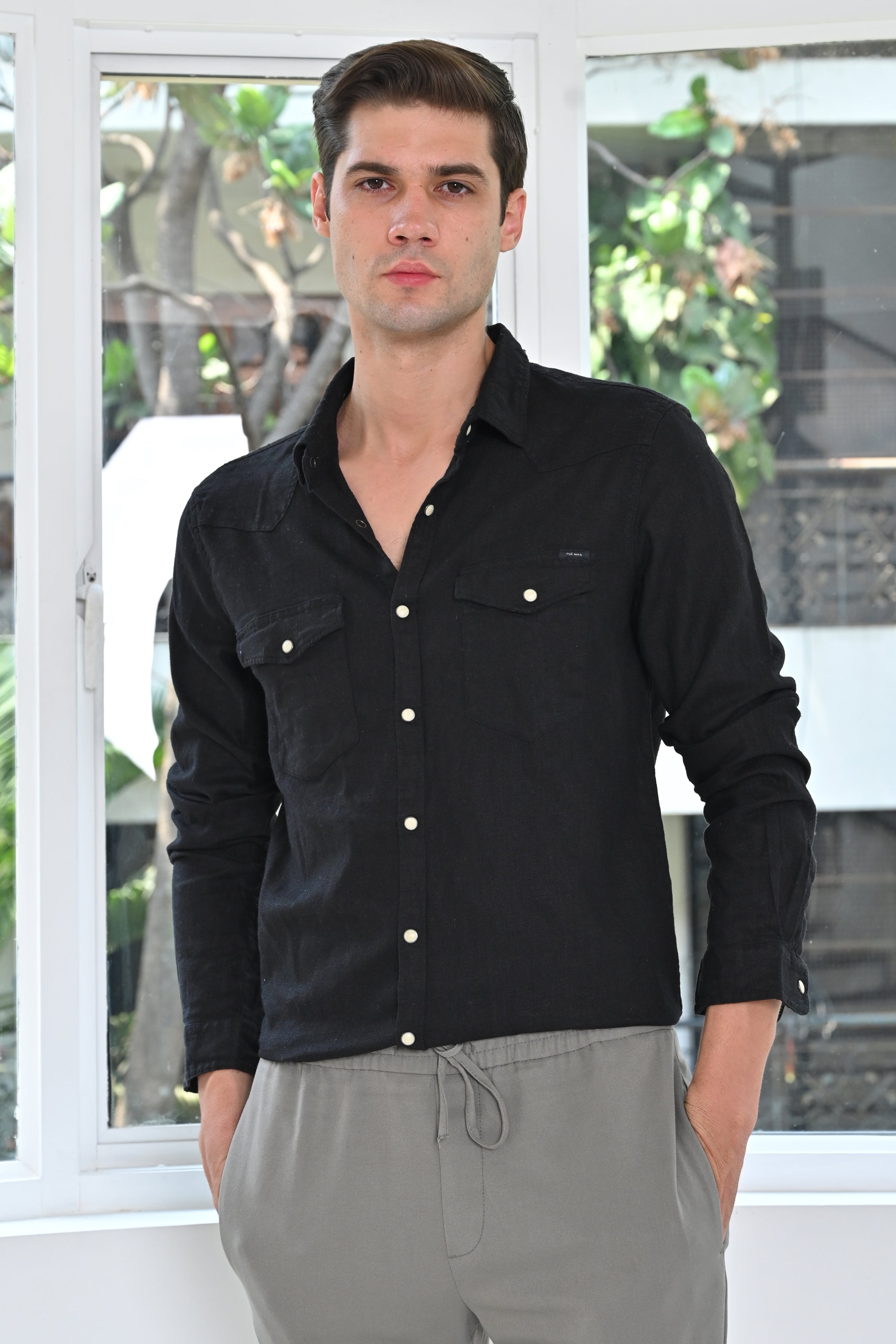 Men Pixel Linen Cotton Shirt Black