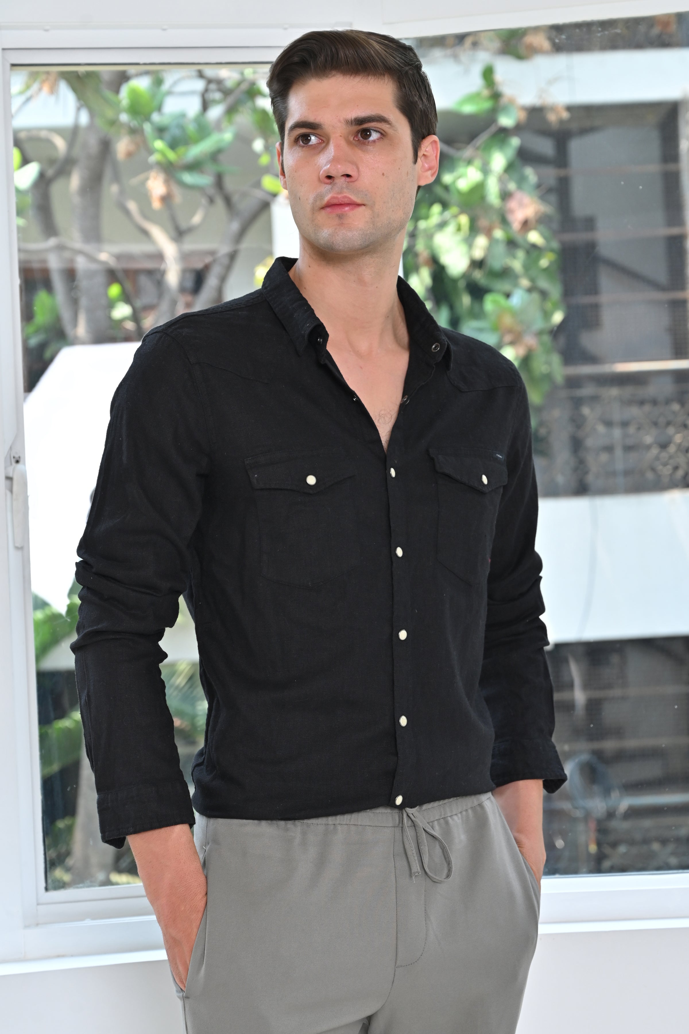 Men Pixel Linen Cotton Shirt Black