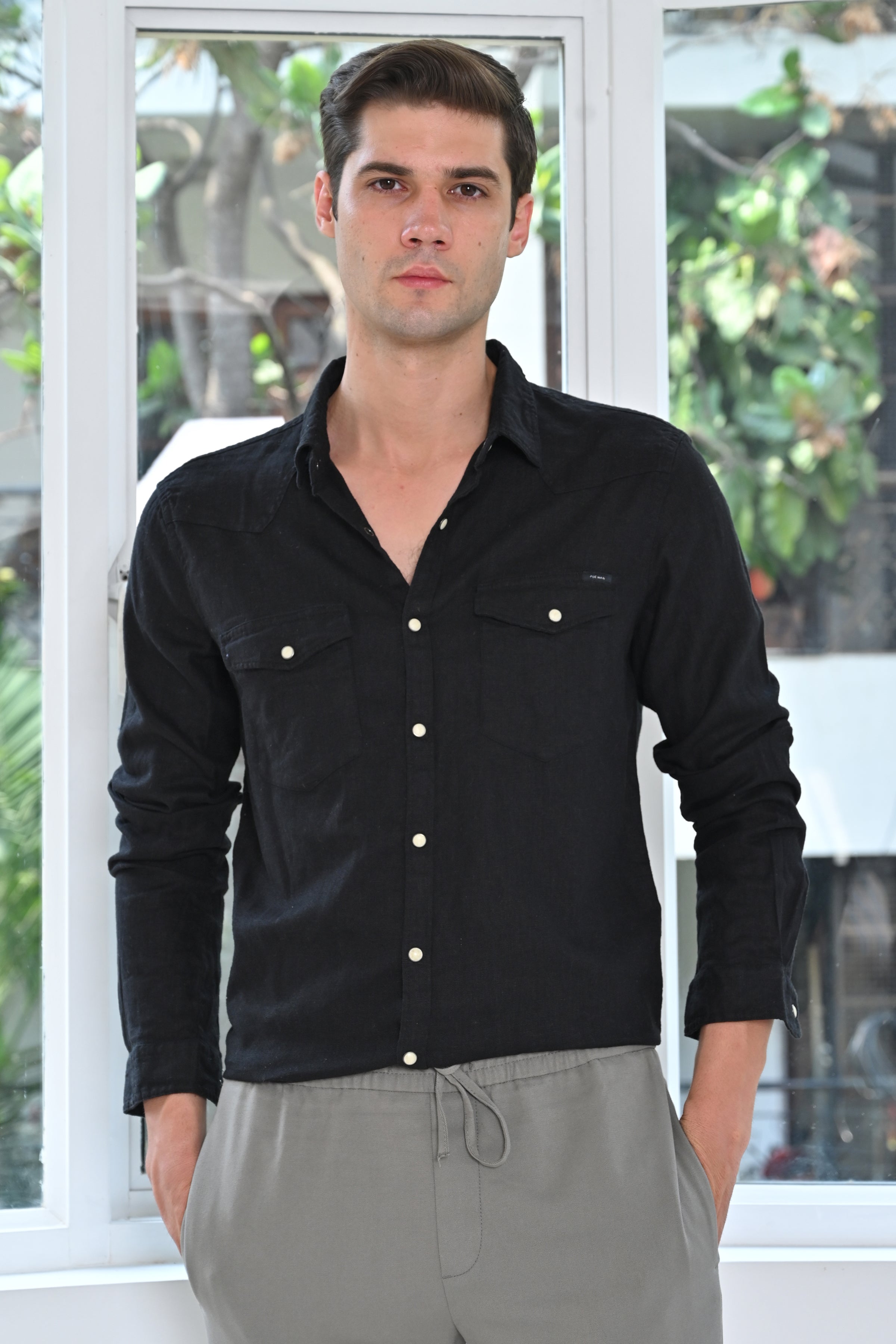 Men Pixel Linen Cotton Shirt Black