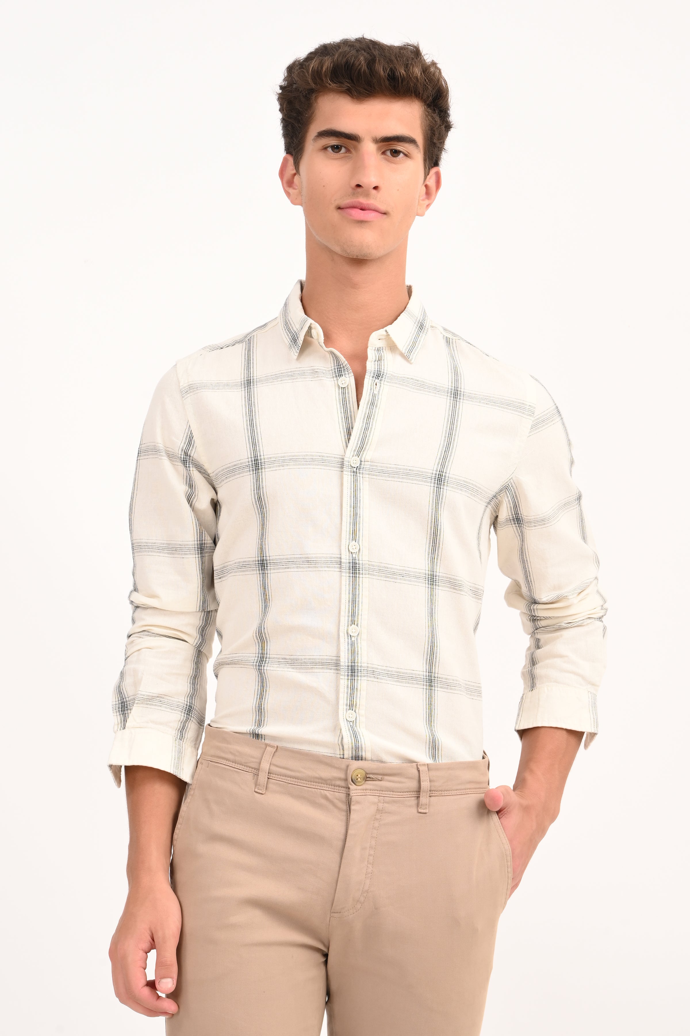 Men Cotton Linen Check Shirt