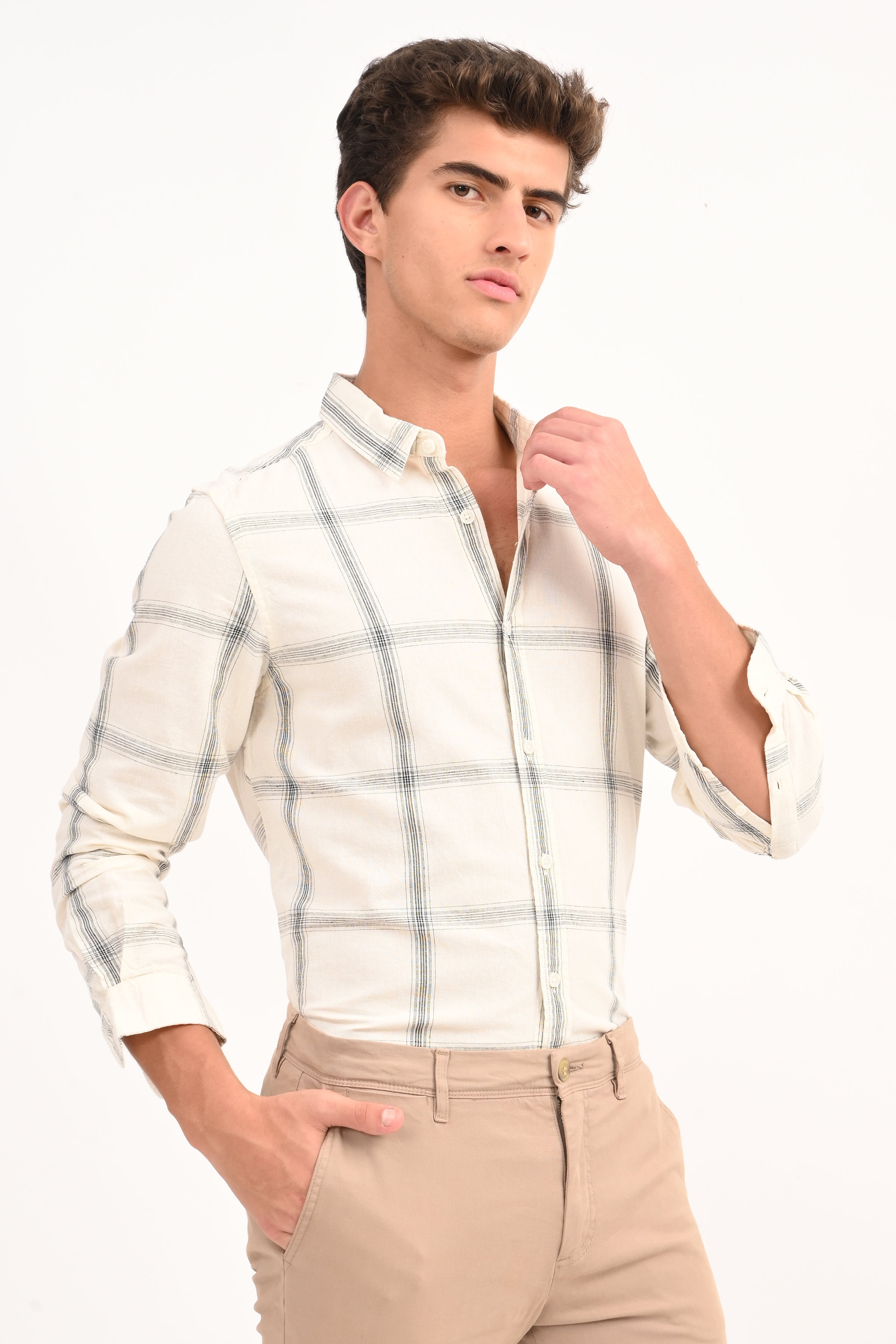 Men Cotton Linen Check Shirt