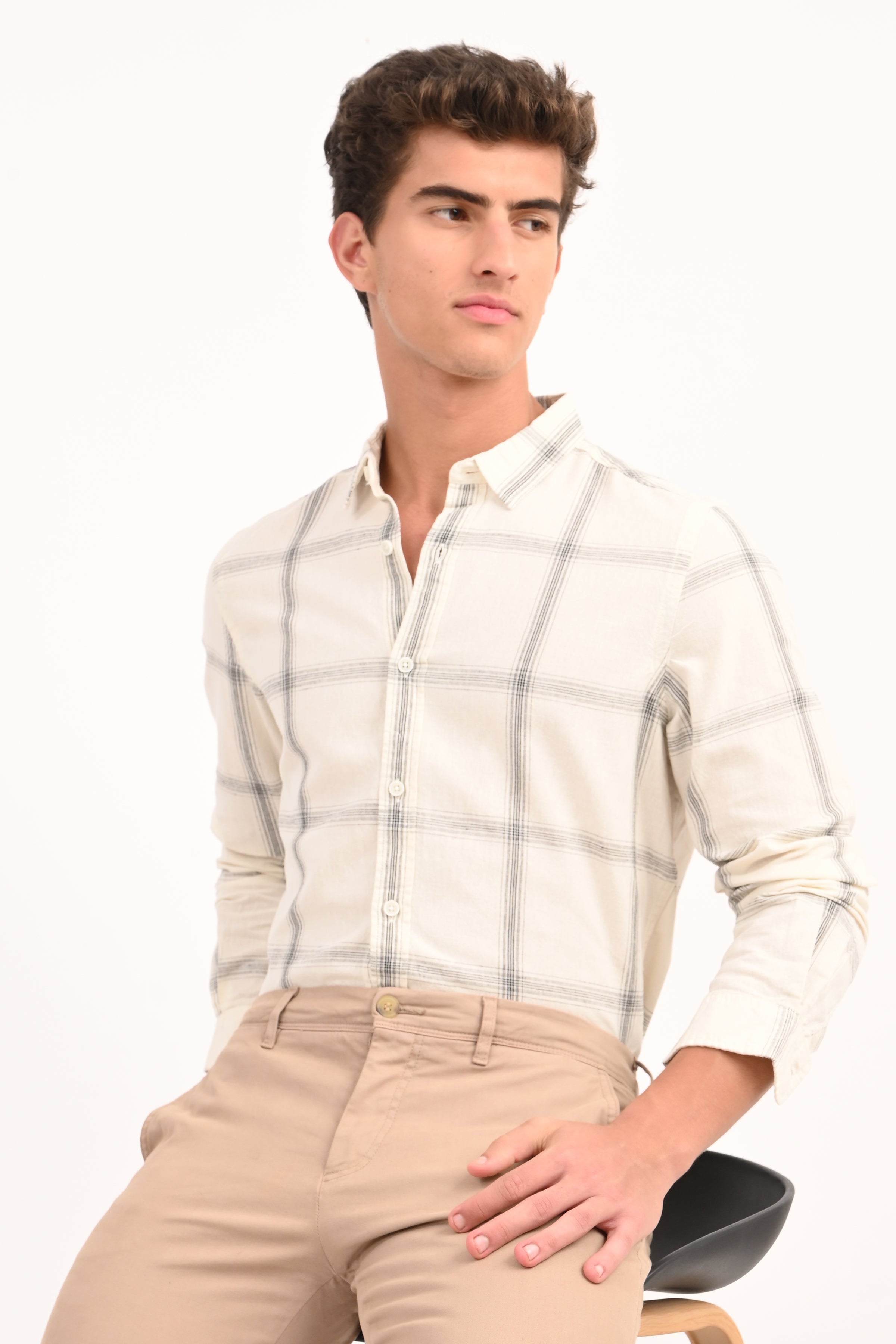 Men Cotton Linen Check Shirt