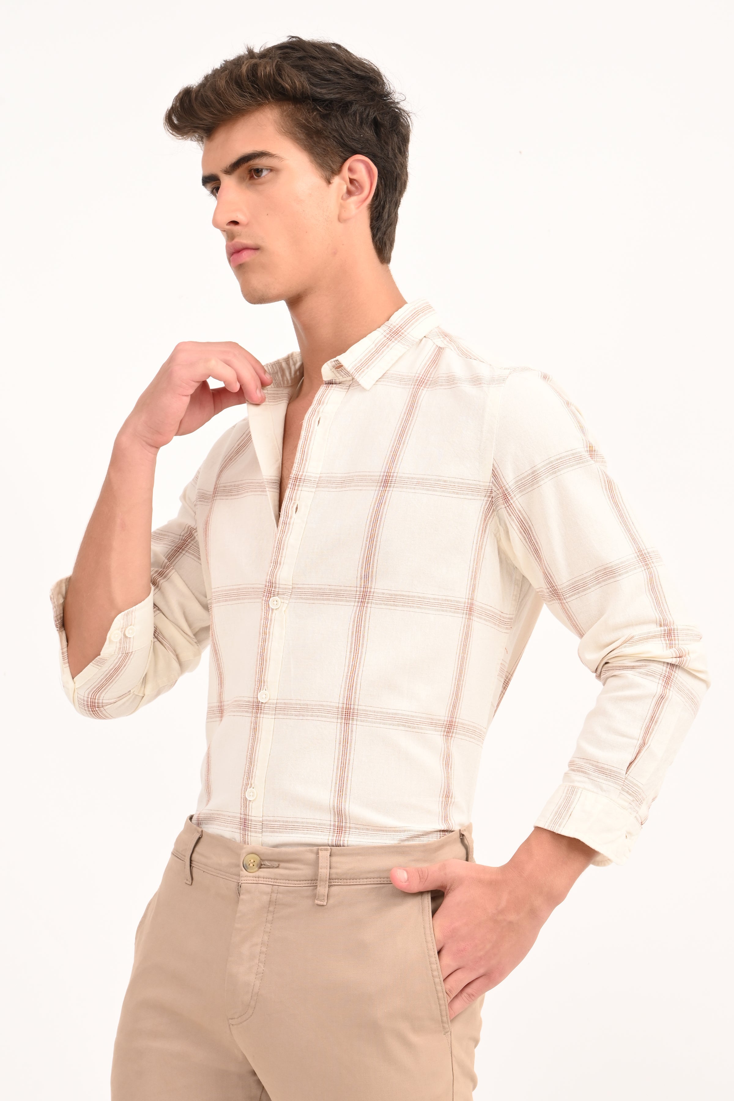 Men Cotton Linen Check Shirt