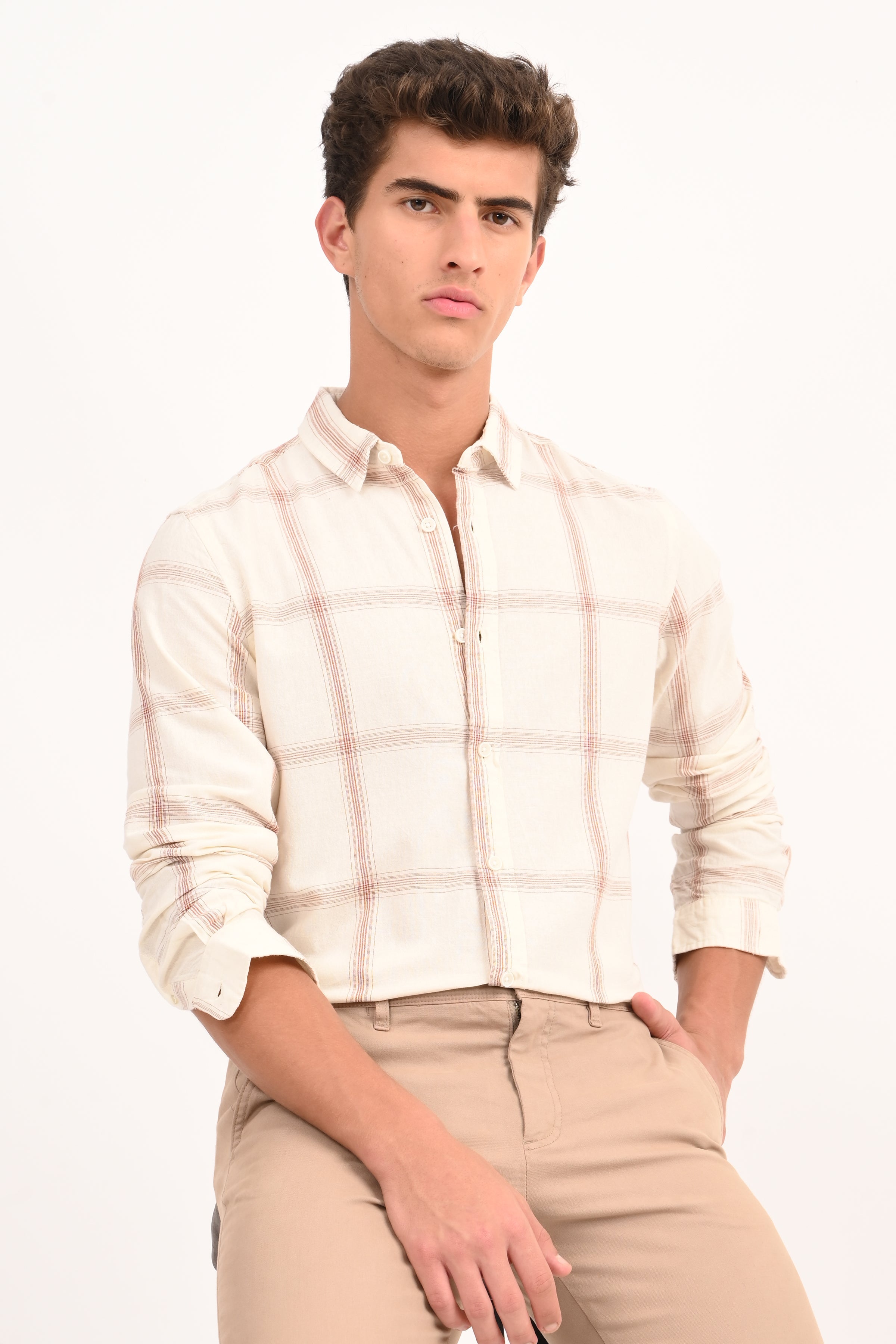 Men Cotton Linen Check Shirt
