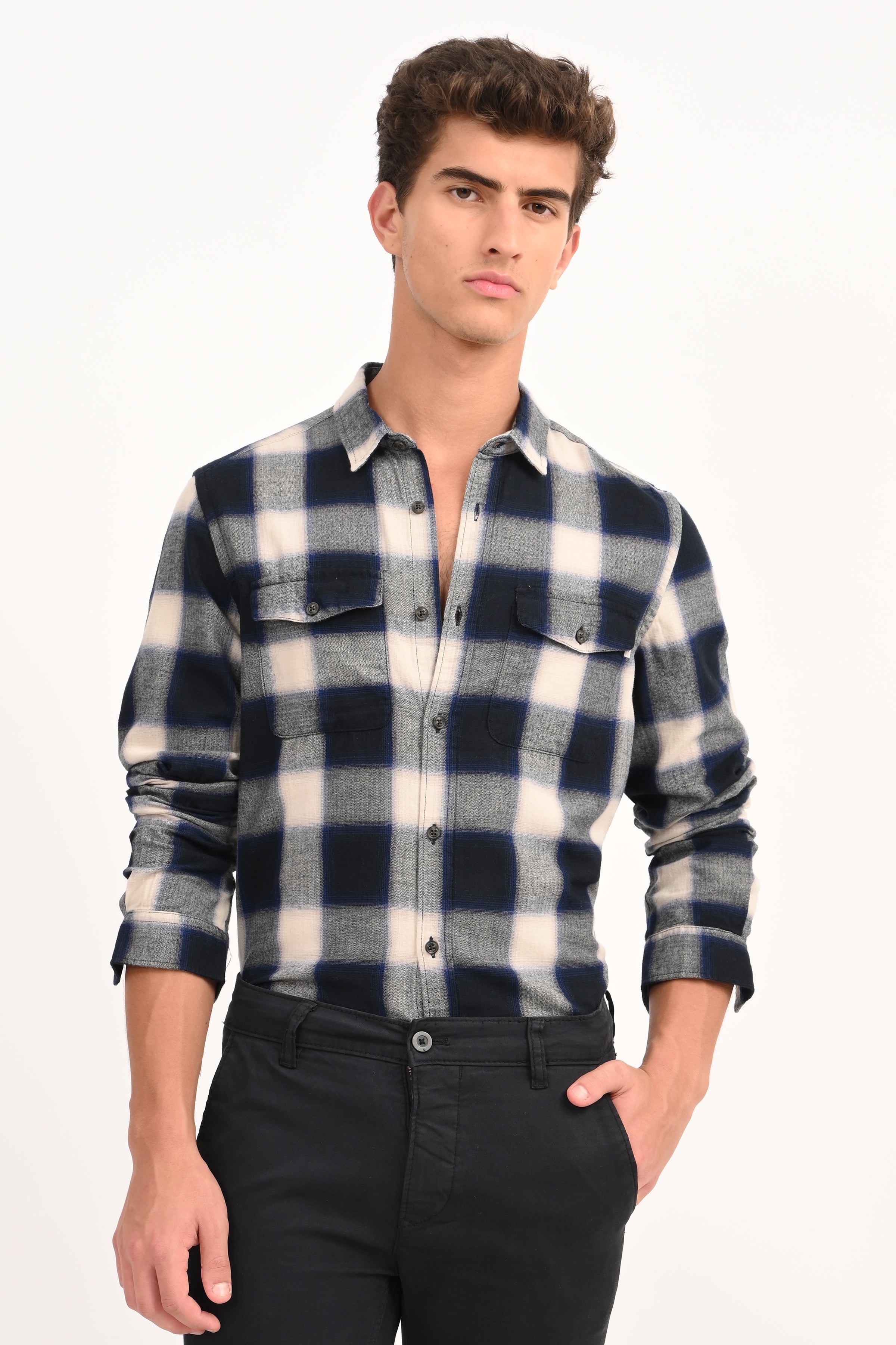 Mens Filipino Navy Flannel Check Shirt