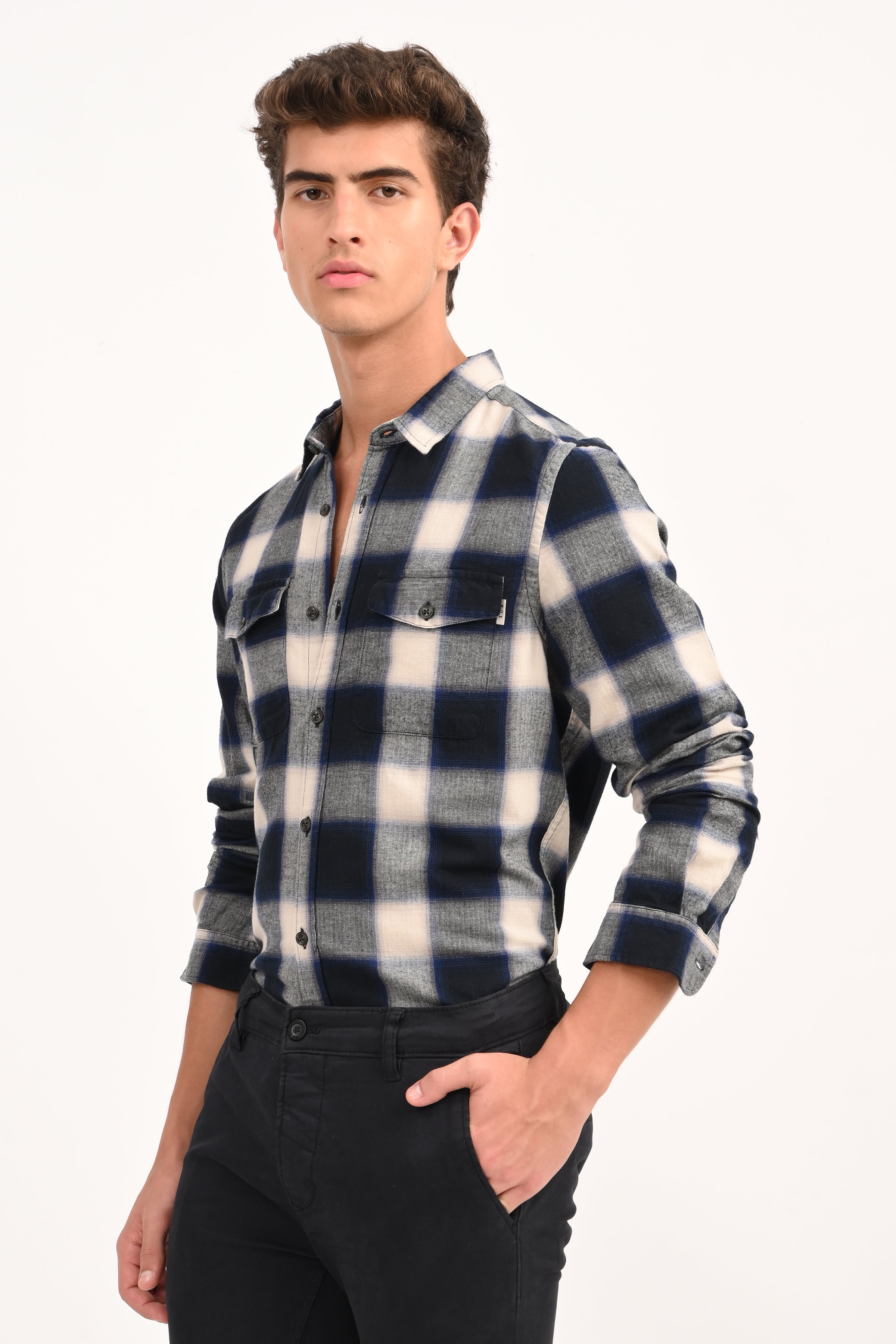 Mens Filipino Navy Flannel Check Shirt