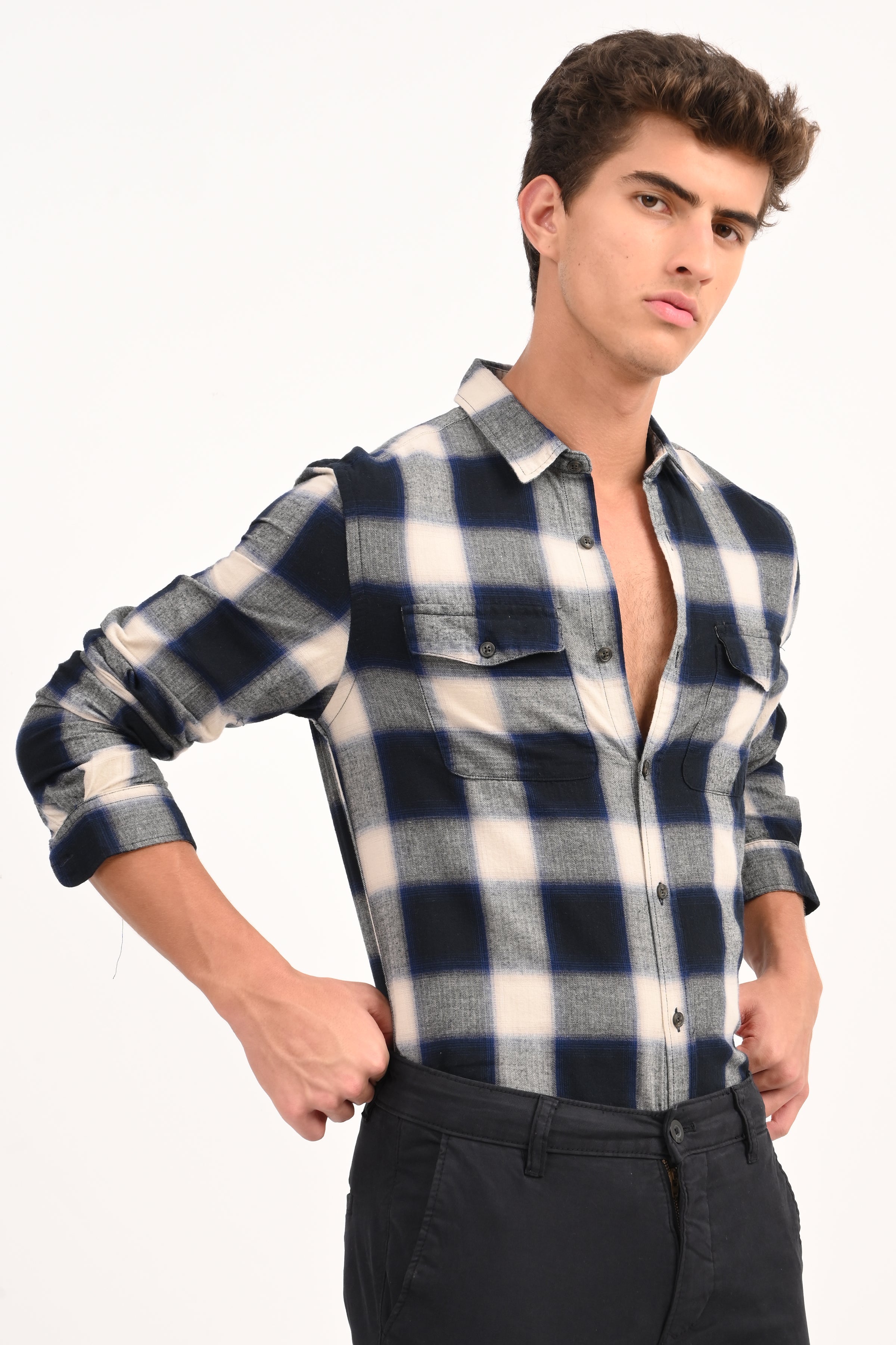 Mens Filipino Navy Flannel Check Shirt