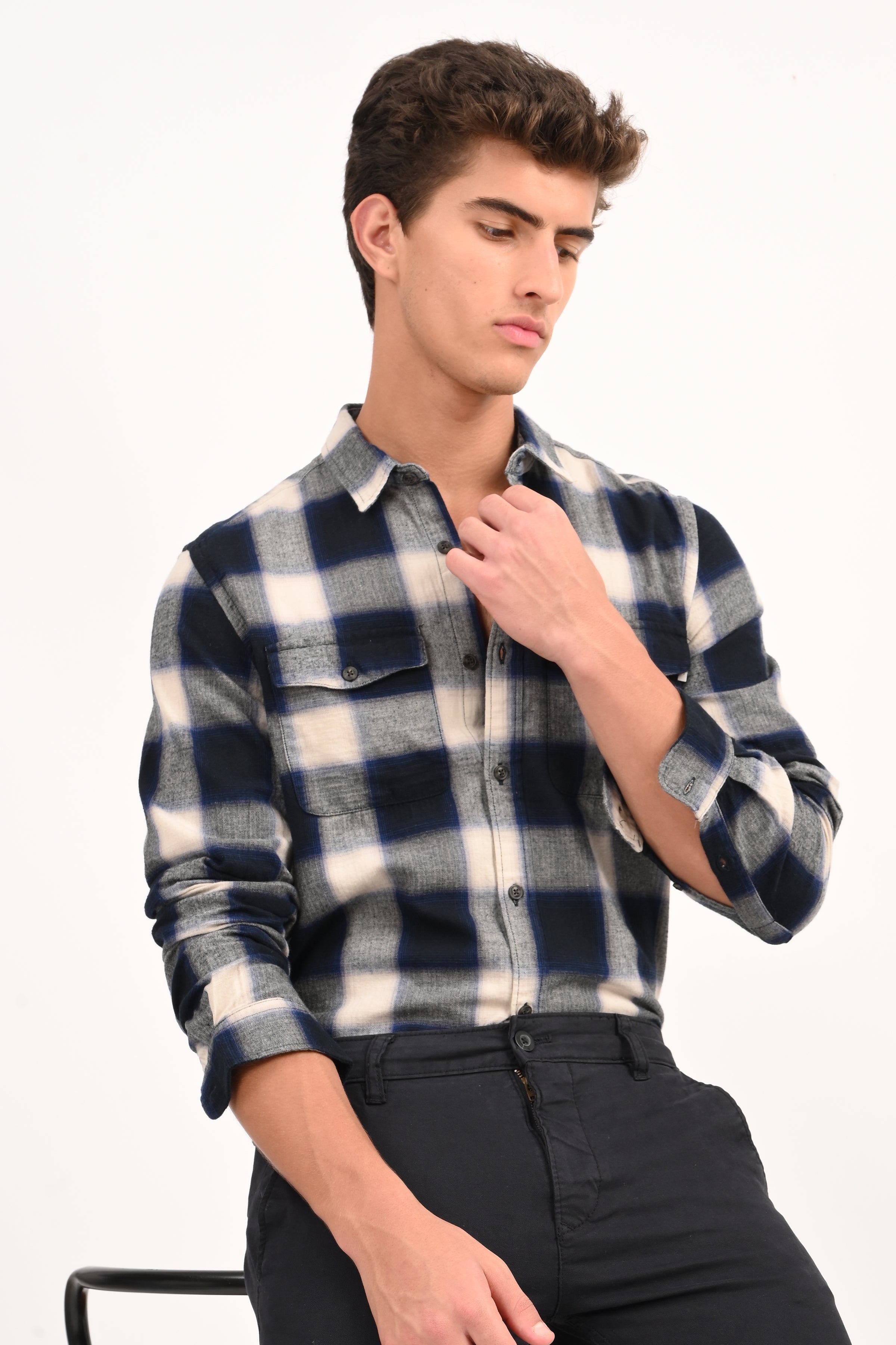Mens Filipino Navy Flannel Check Shirt