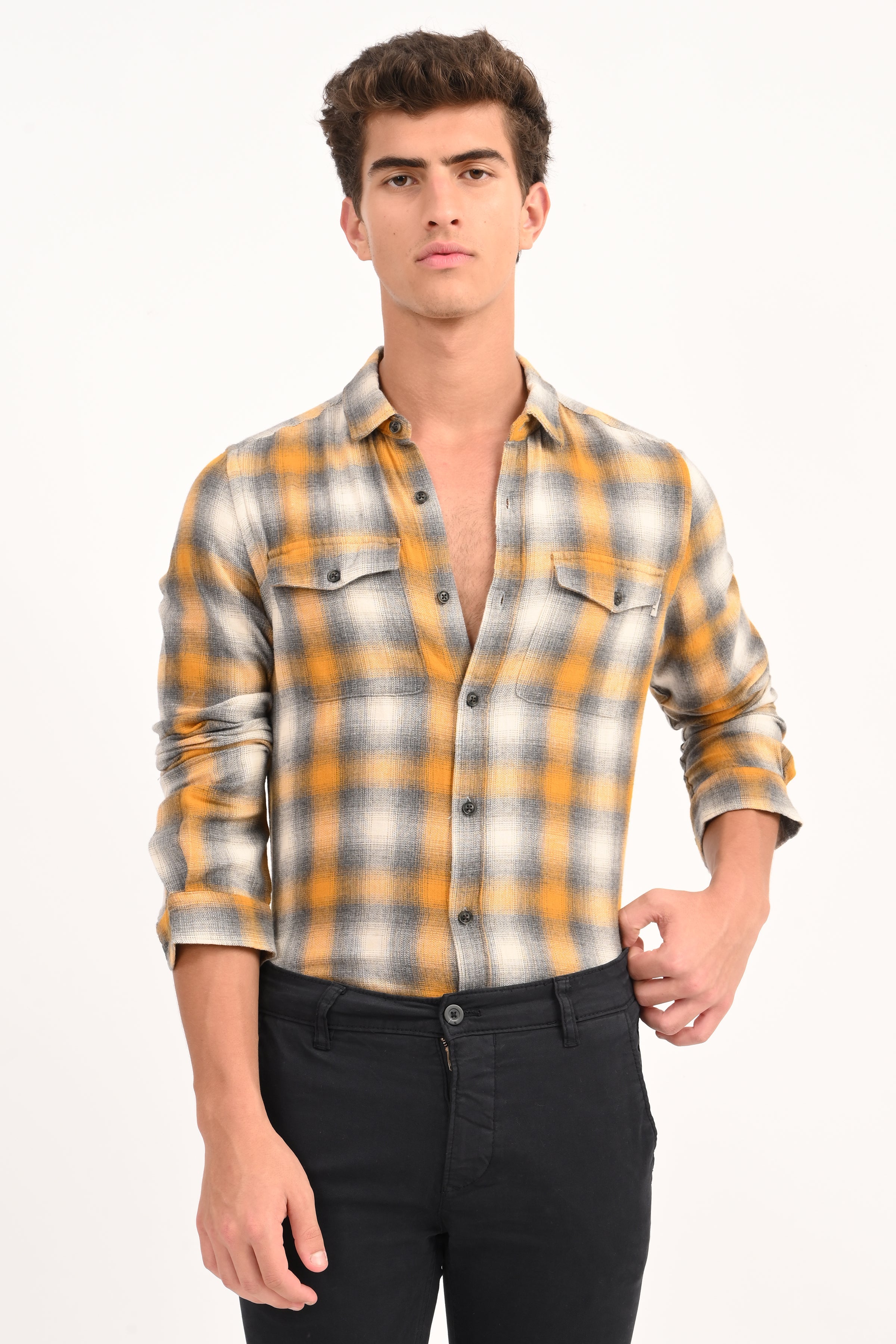 Mens Leton Chrome Yellow Flannel Check Shirt