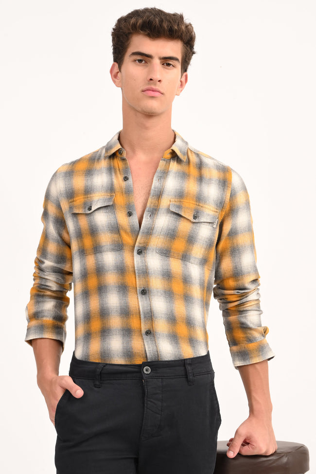 Mens Leton Chrome Yellow Flannel Check Shirt