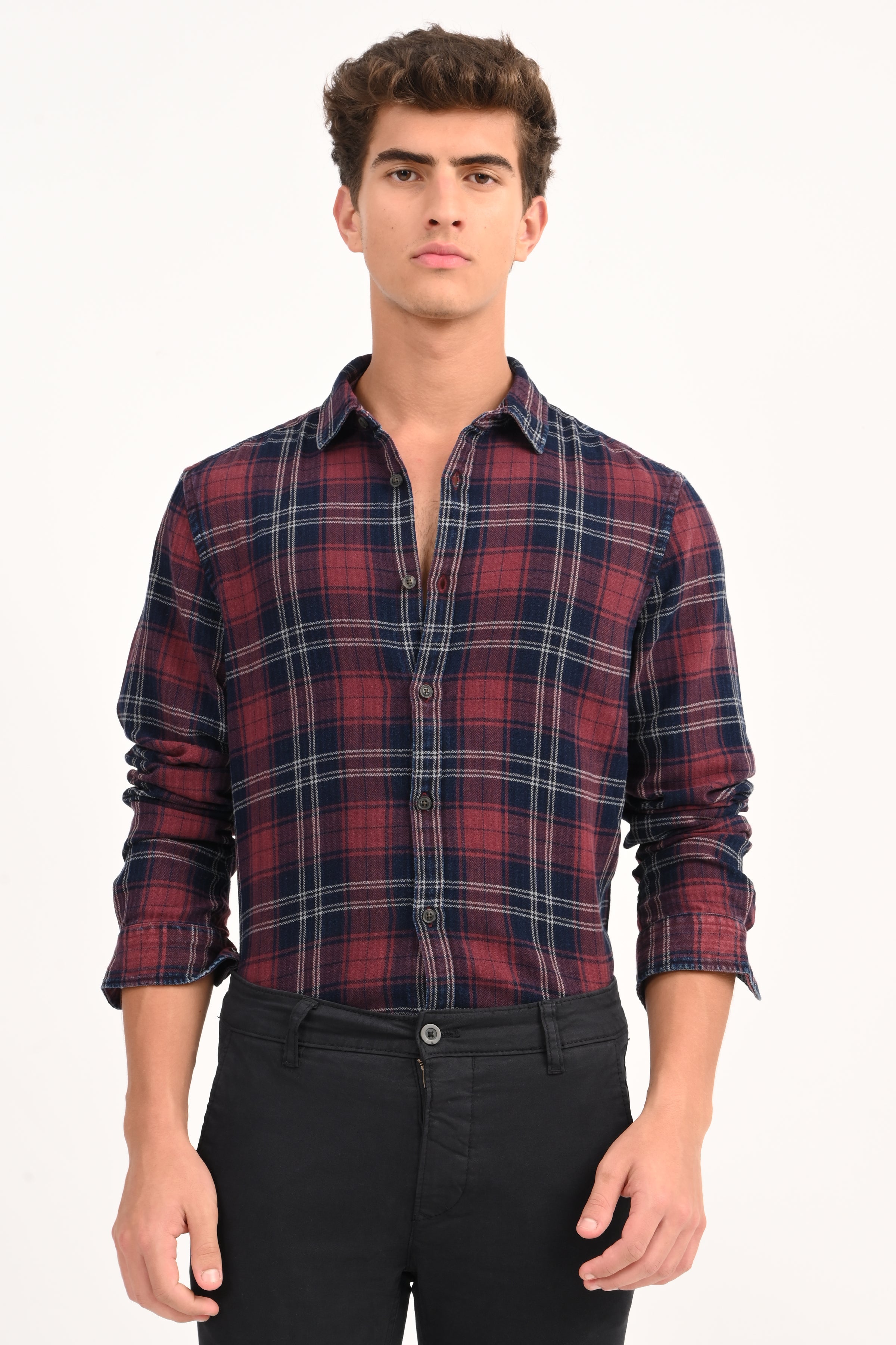Mens Eddie Maroon Indigo Check Shirt