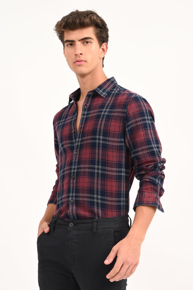 Mens Eddie Maroon Indigo Check Shirt