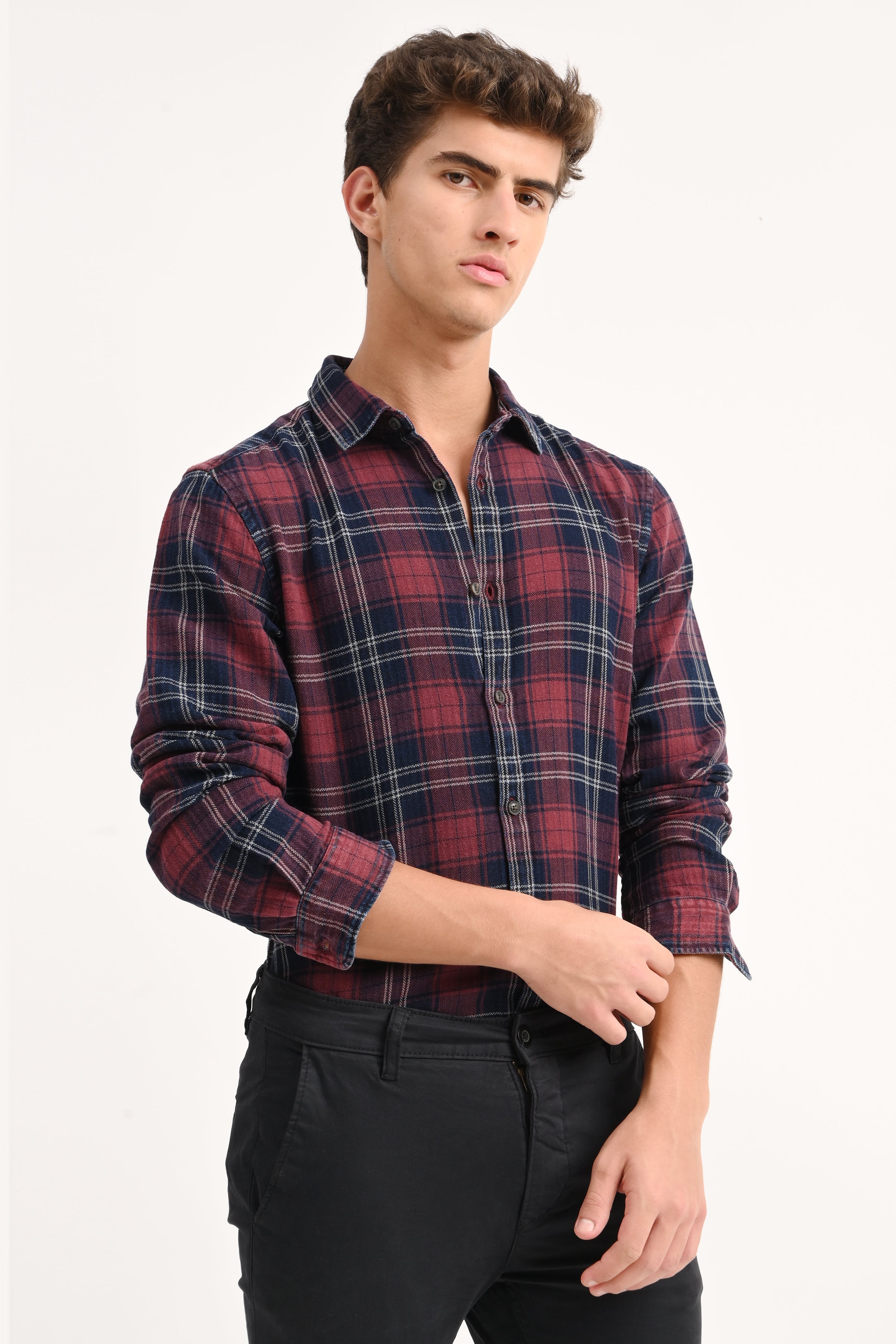 Mens Eddie Maroon Indigo Check Shirt