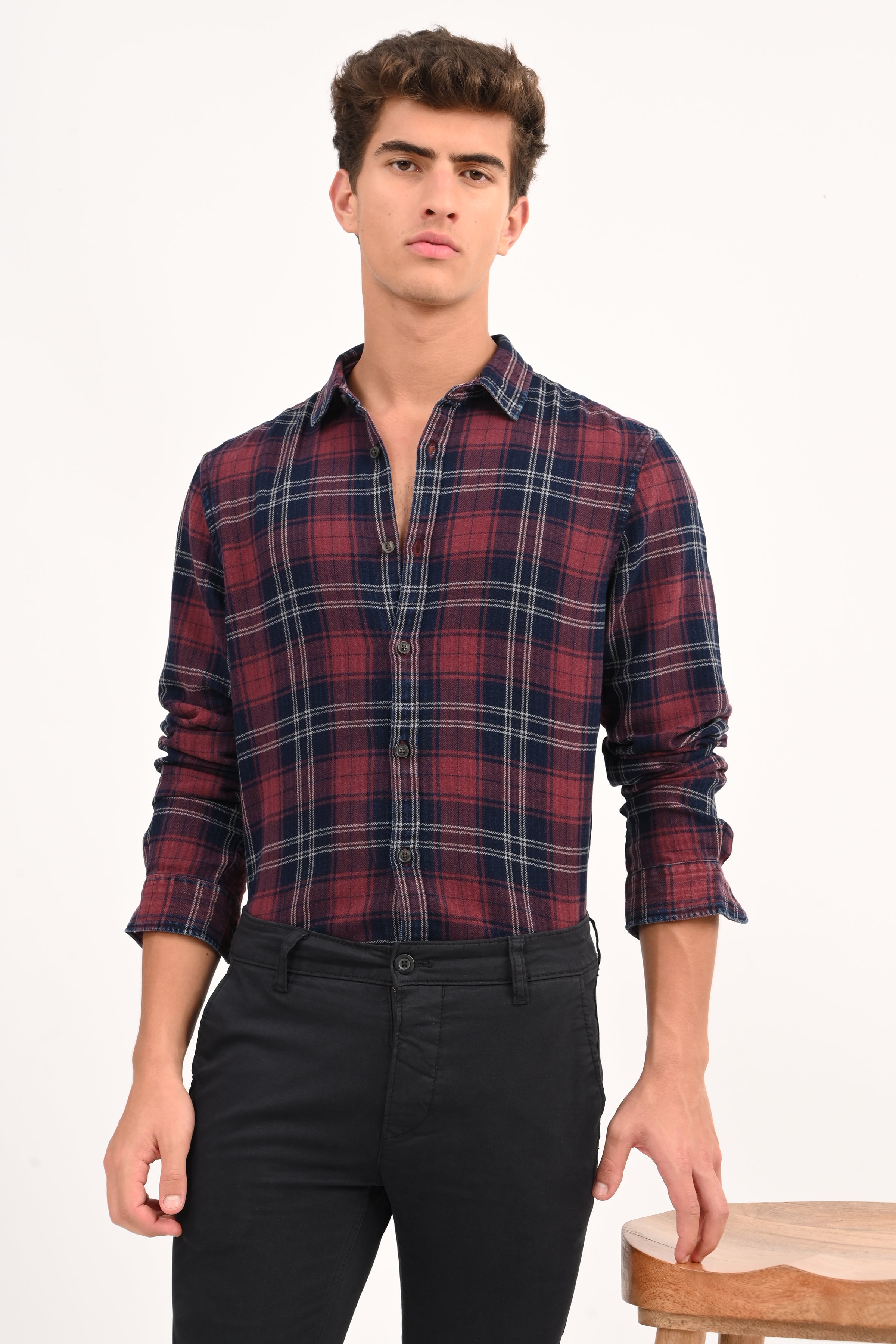 Mens Eddie Maroon Indigo Check Shirt