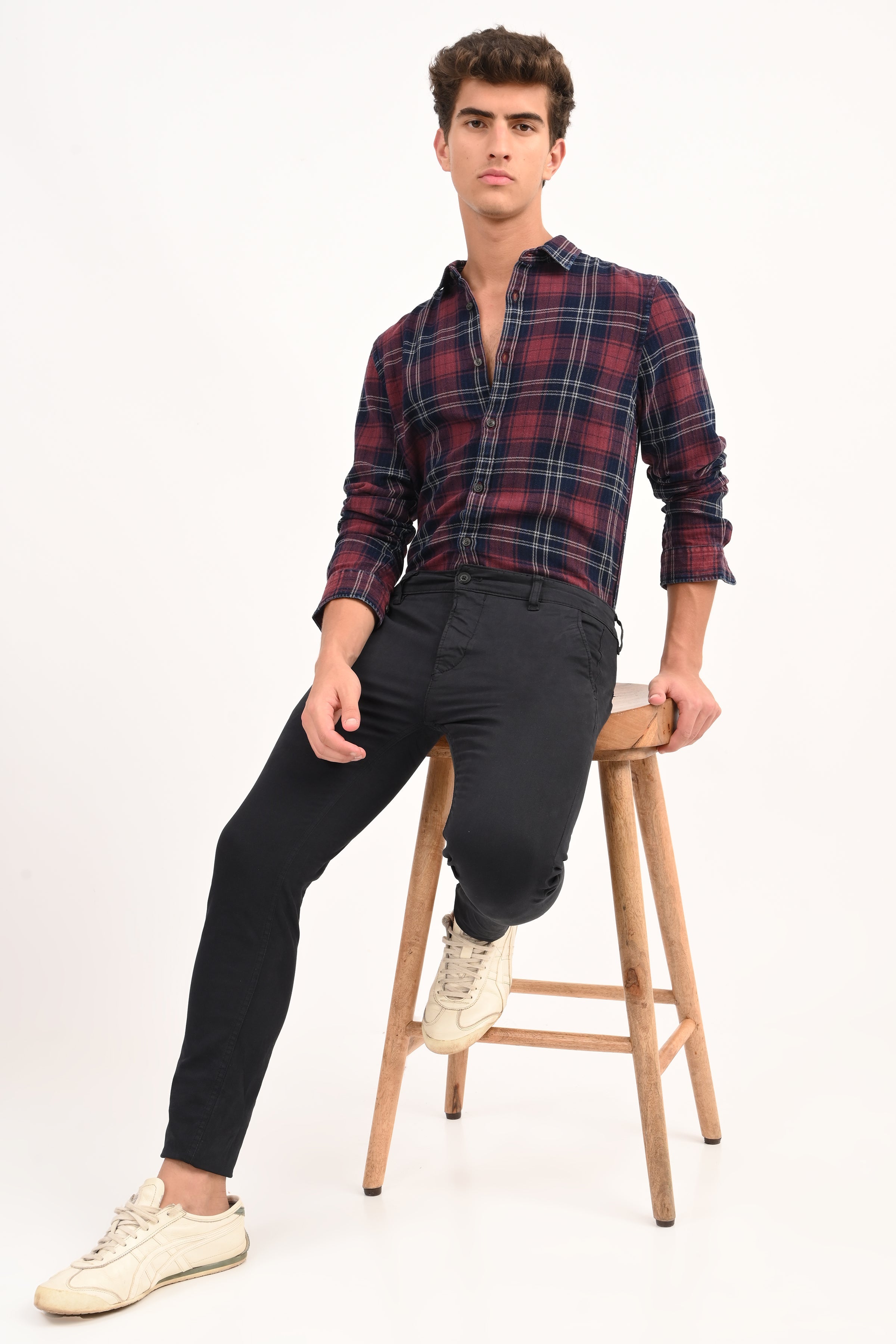 Mens Eddie Maroon Indigo Check Shirt
