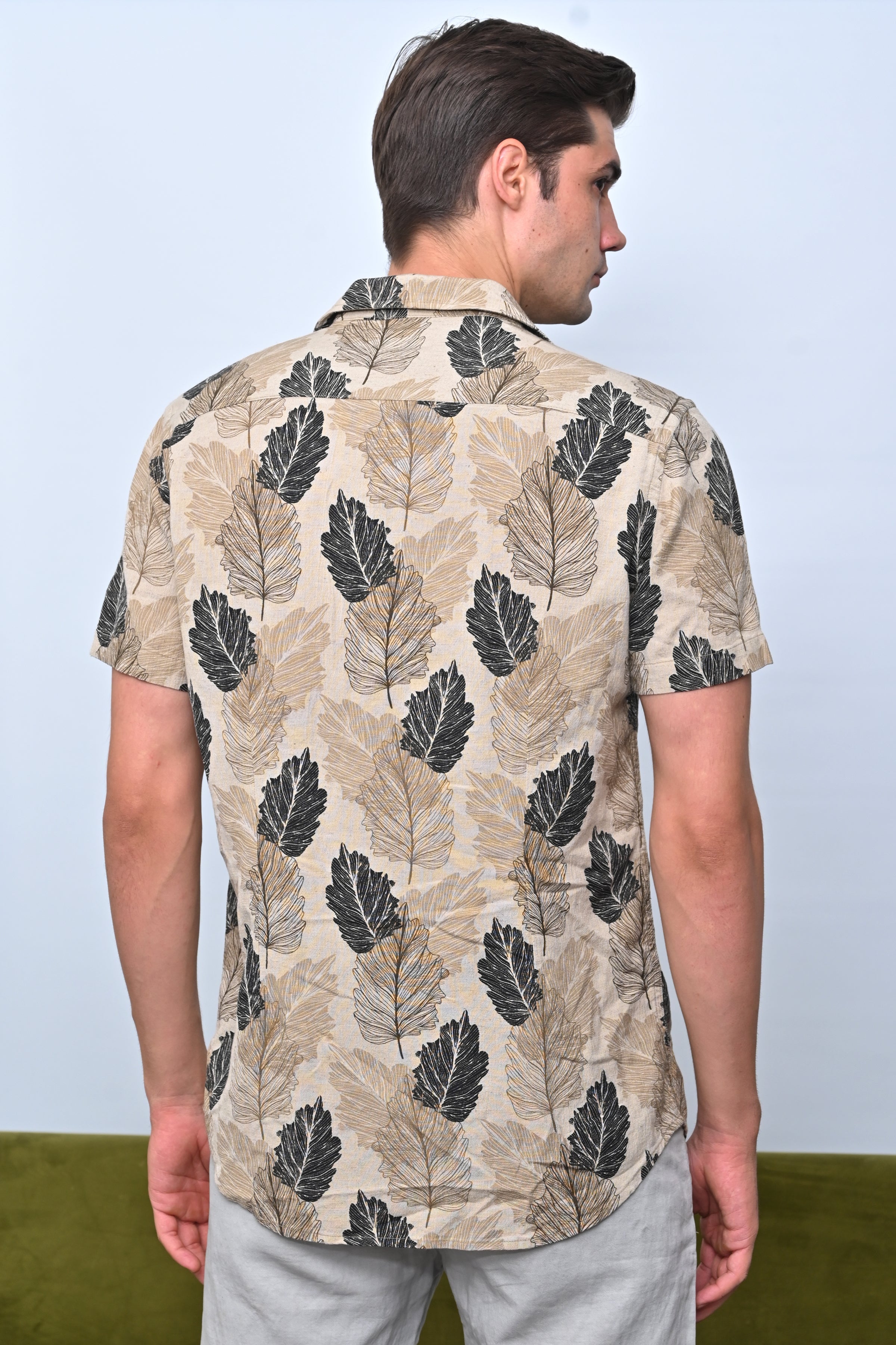 Men Felix Cotton Linen Printed Shirt Beige