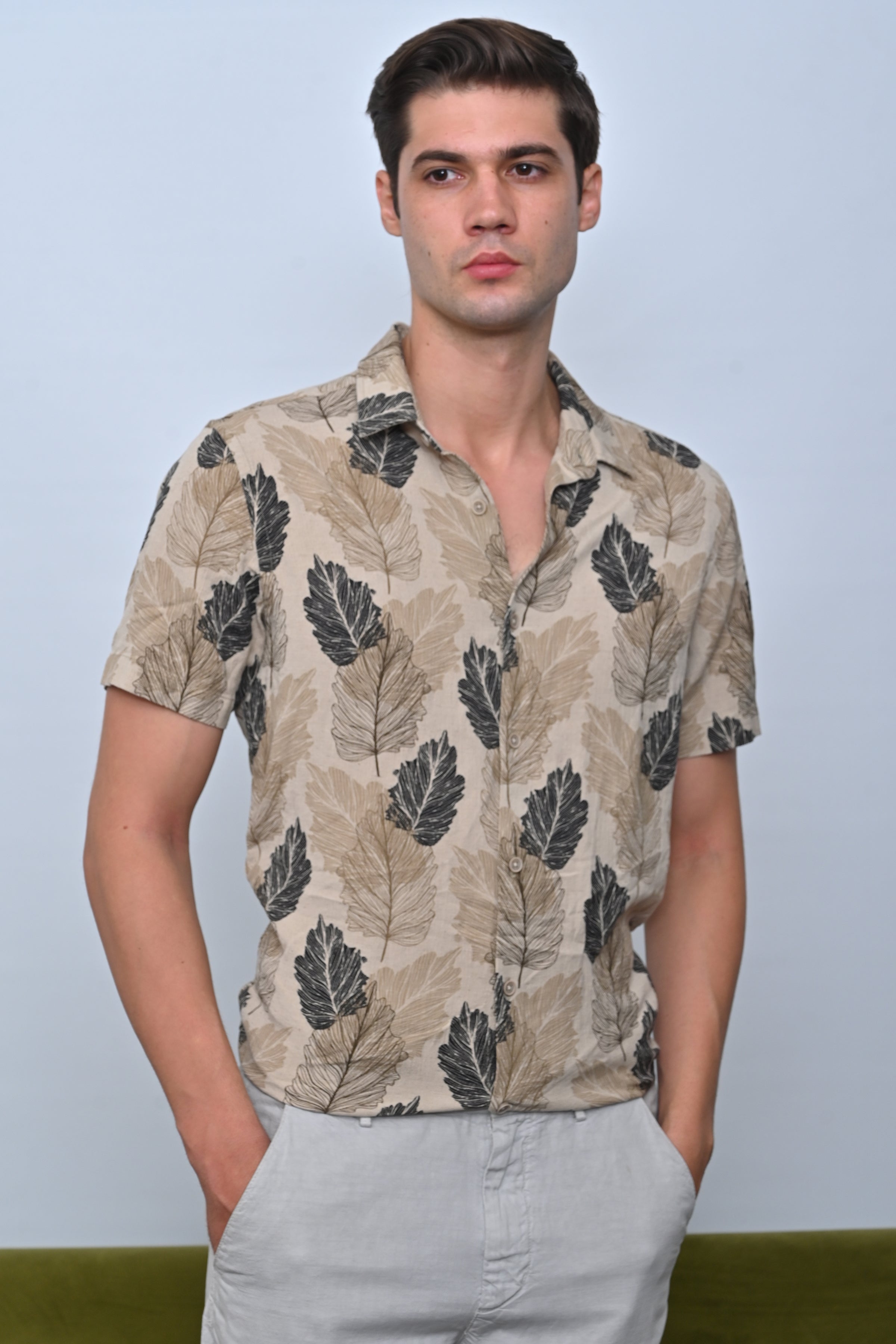 Men Felix Cotton Linen Printed Shirt Beige