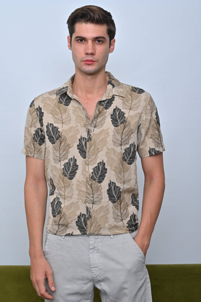 Men Felix Cotton Linen Printed Shirt Beige