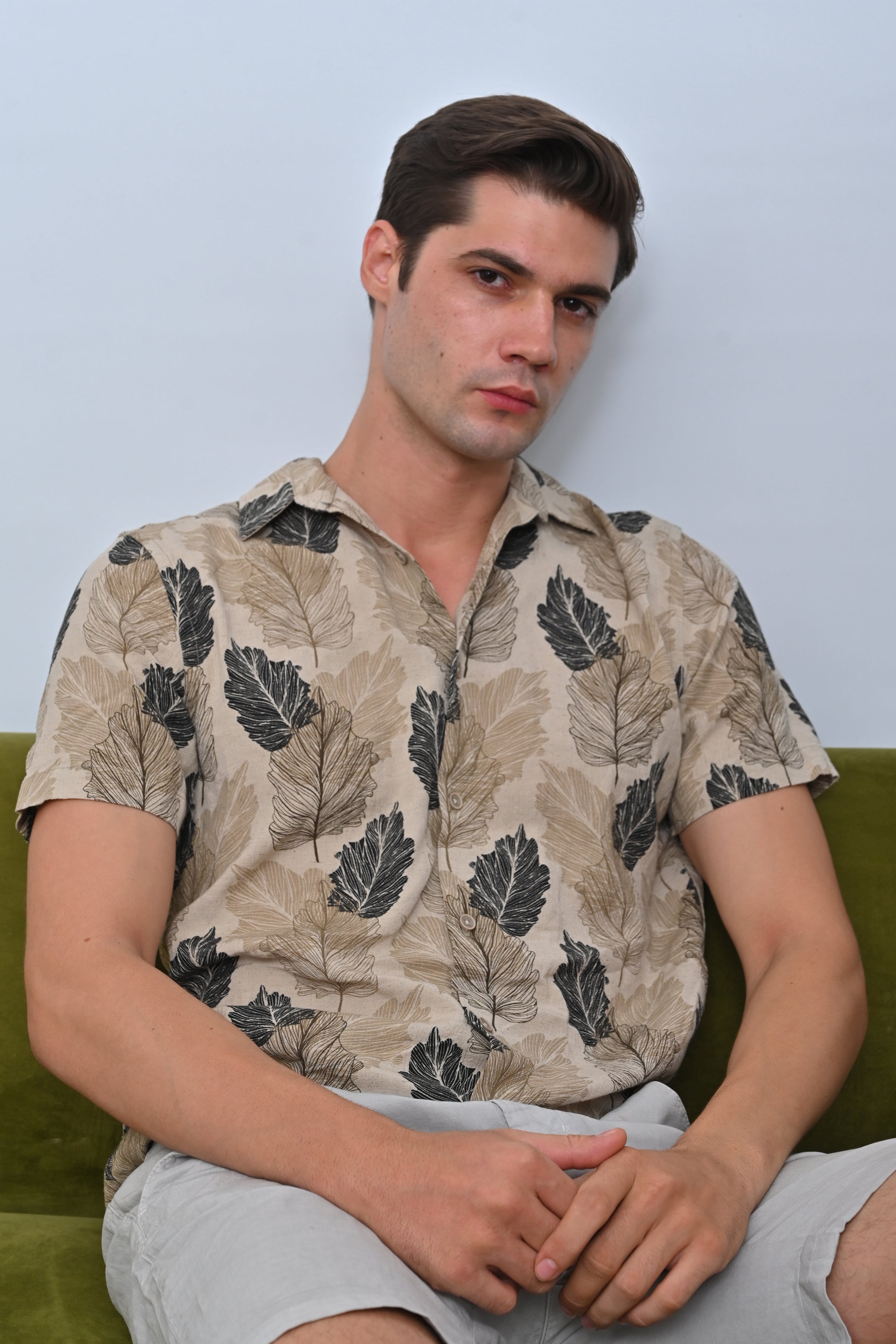 Men Felix Cotton Linen Printed Shirt Beige
