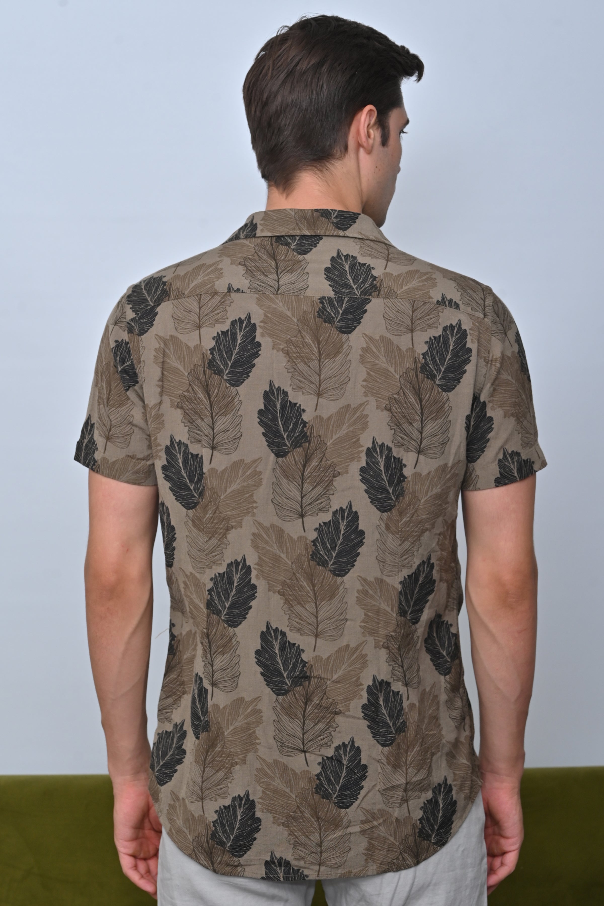 Men Felix Cotton Linen Printed Shirt Olive