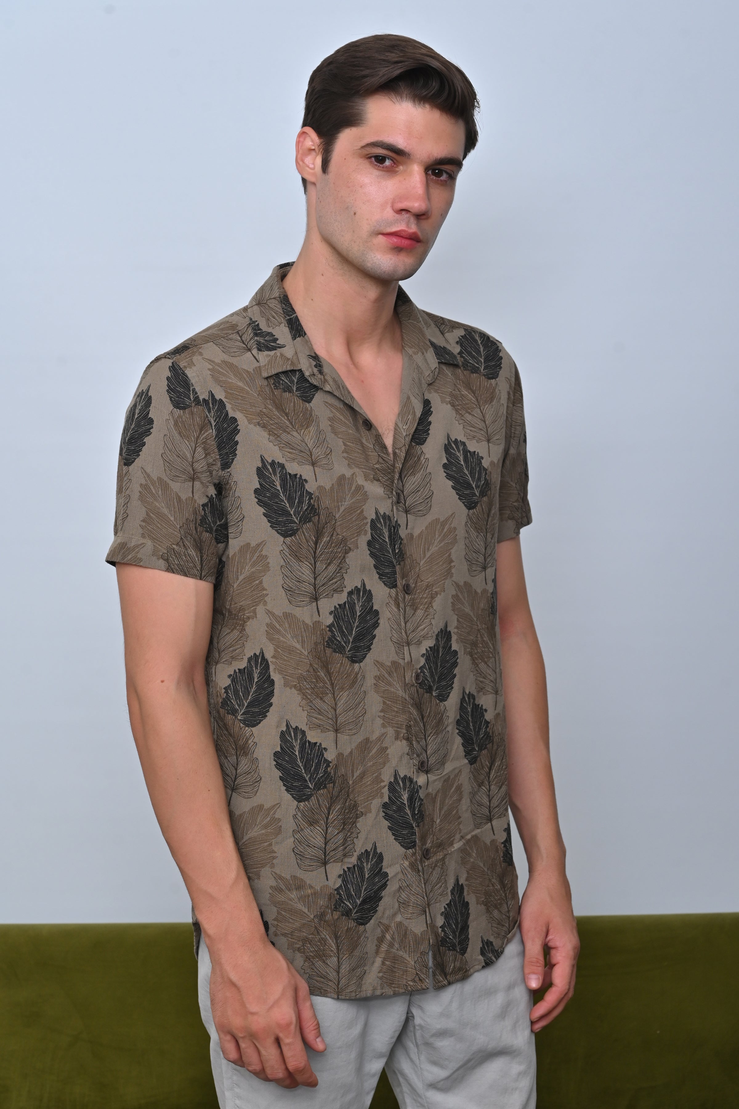 Men Felix Cotton Linen Printed Shirt Olive