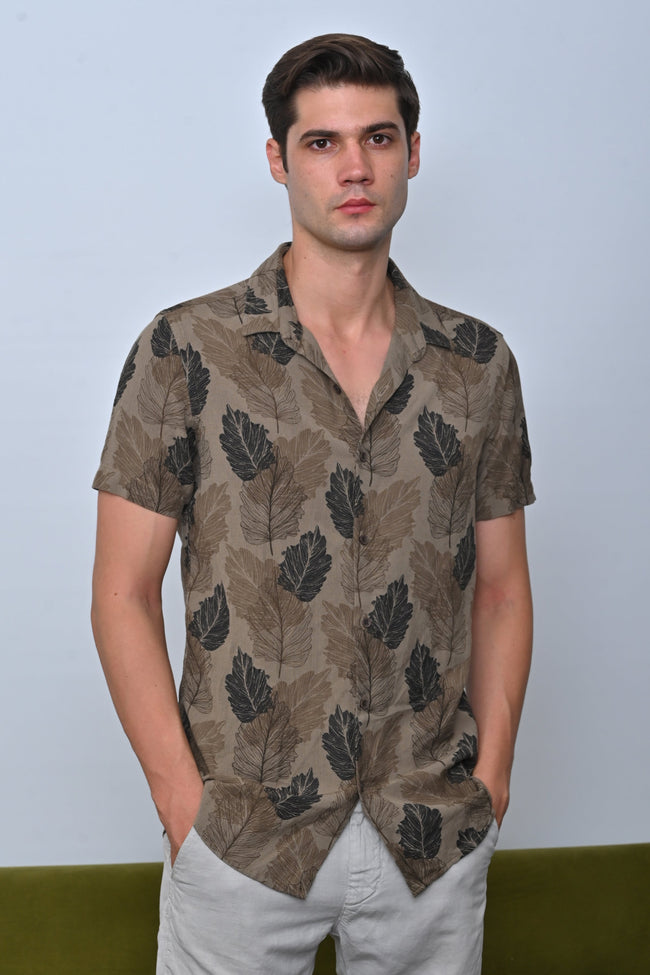 Men Felix Cotton Linen Printed Shirt Olive