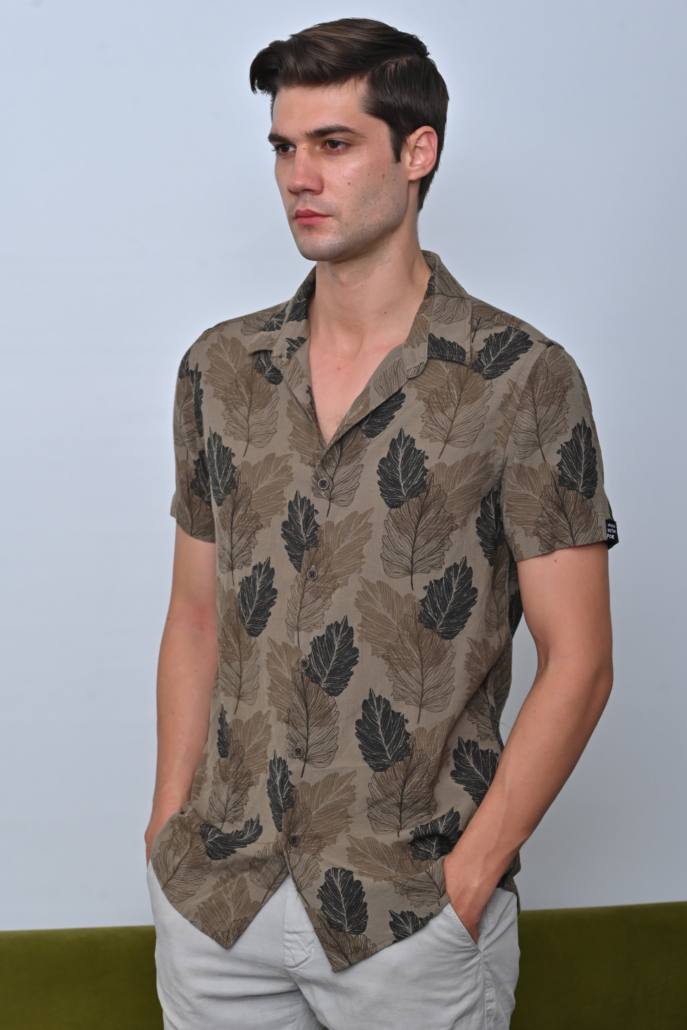 Men Felix Cotton Linen Printed Shirt Olive