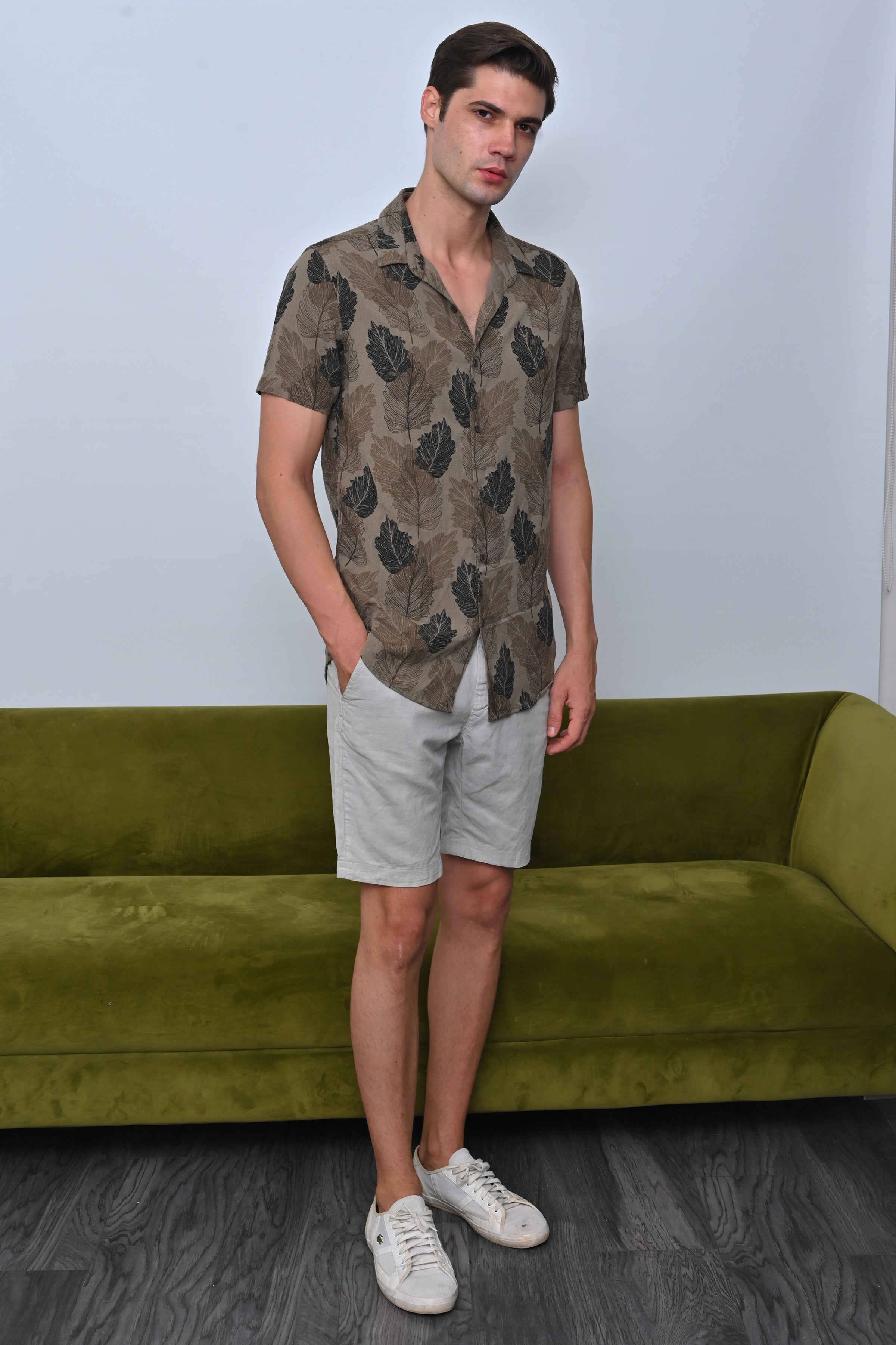 Men Felix Cotton Linen Printed Shirt Olive