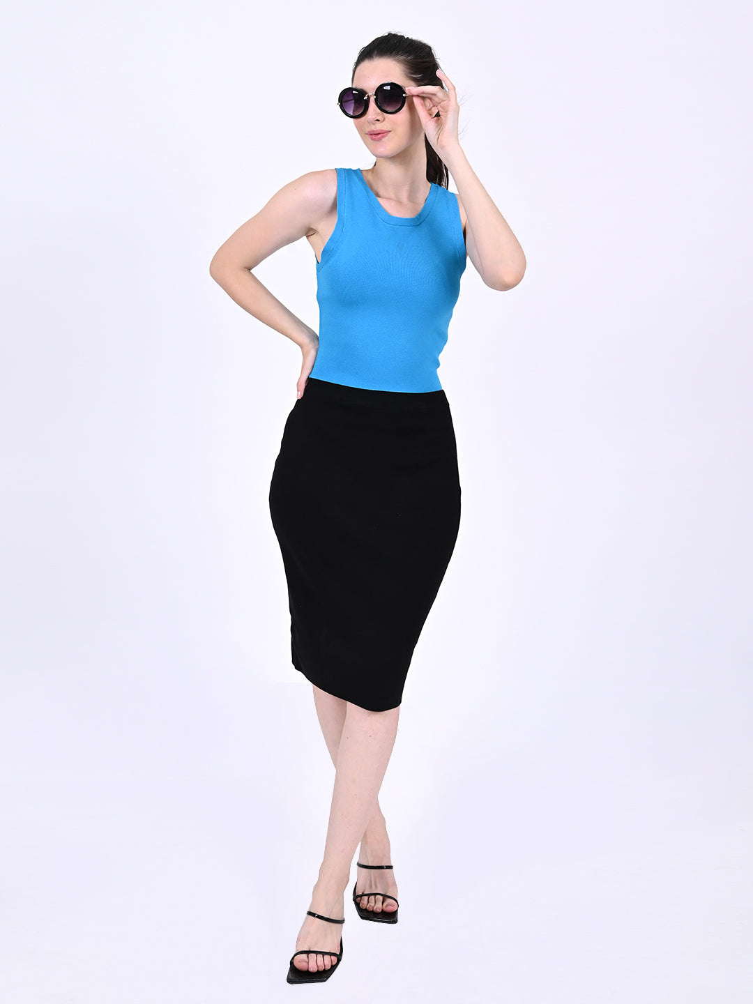 Women Blue Fitted Ribbed Top