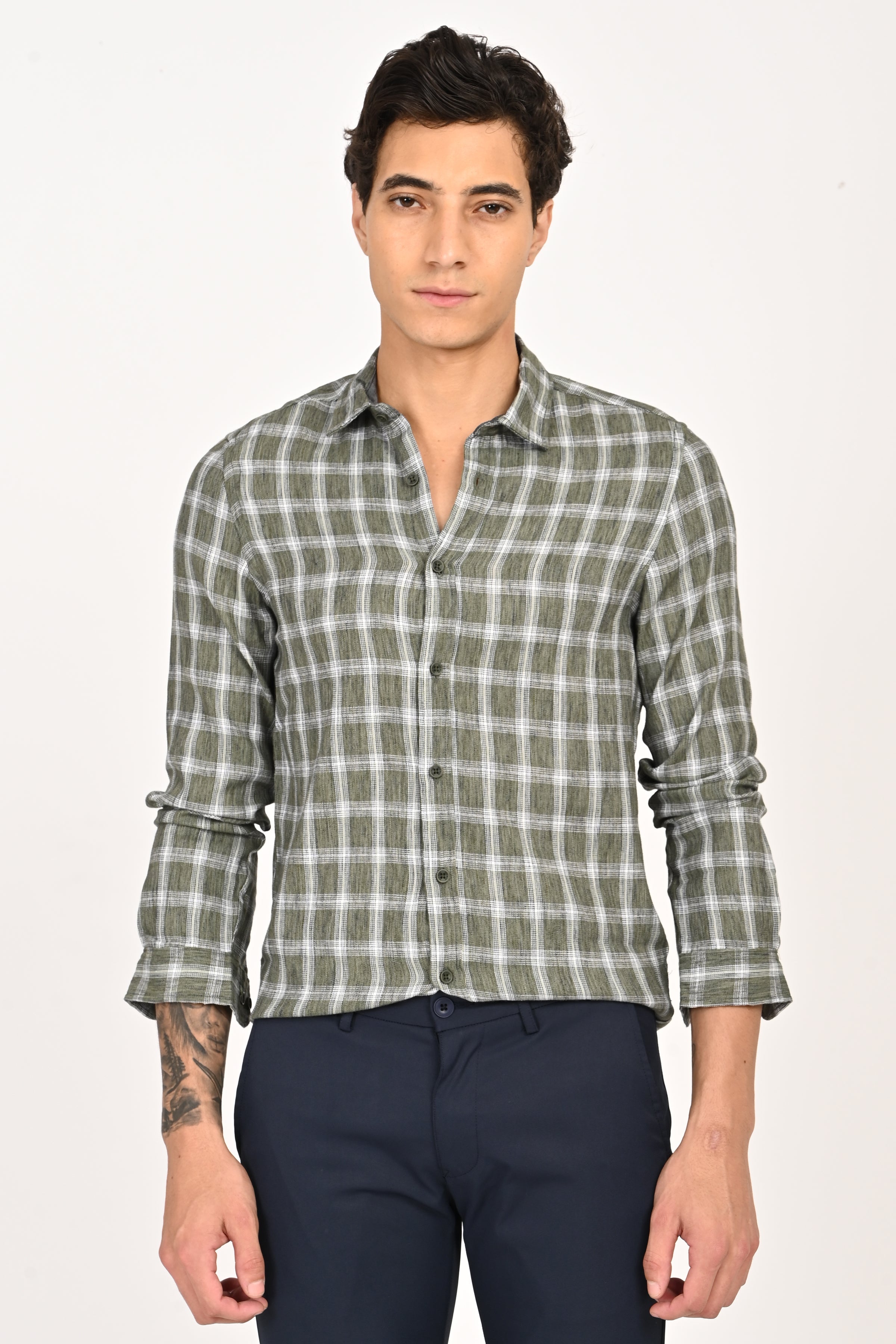 Men Syria Cotton Linen Check Shirt