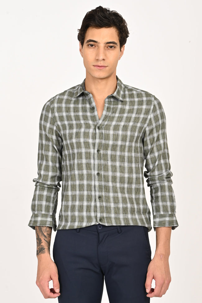 Men Syria Cotton Linen Check Shirt