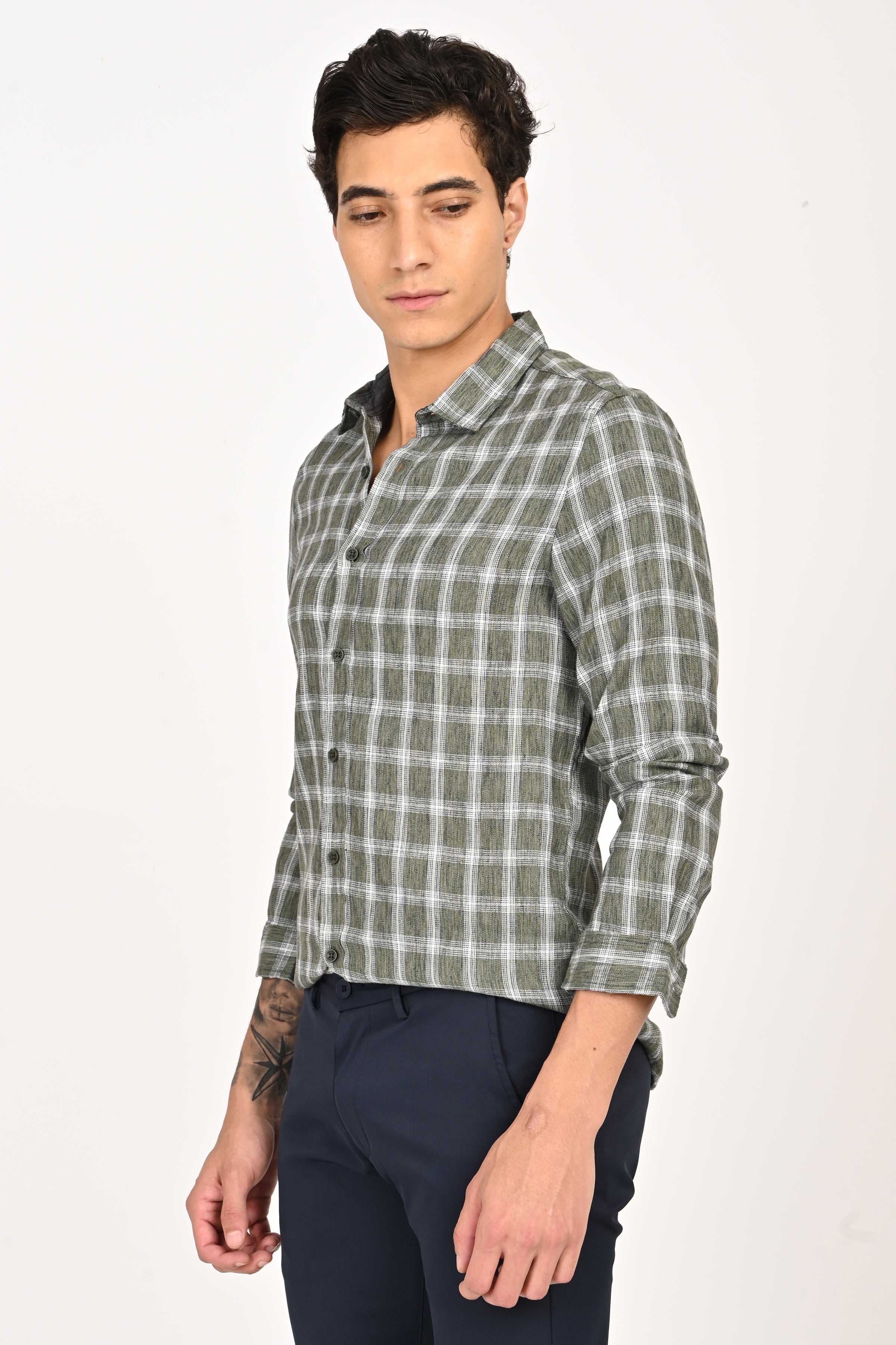 Men Syria Cotton Linen Check Shirt