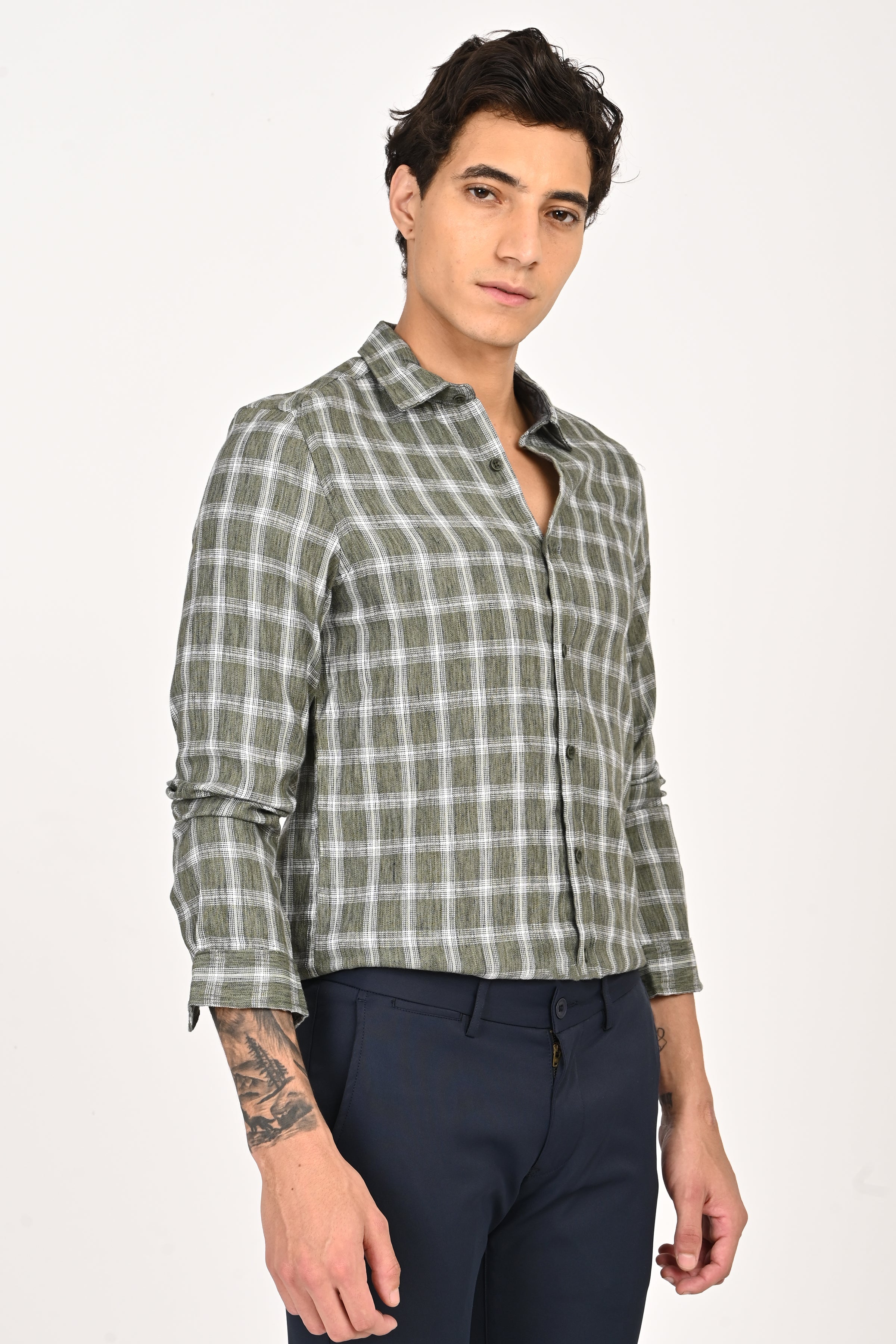 Men Syria Cotton Linen Check Shirt