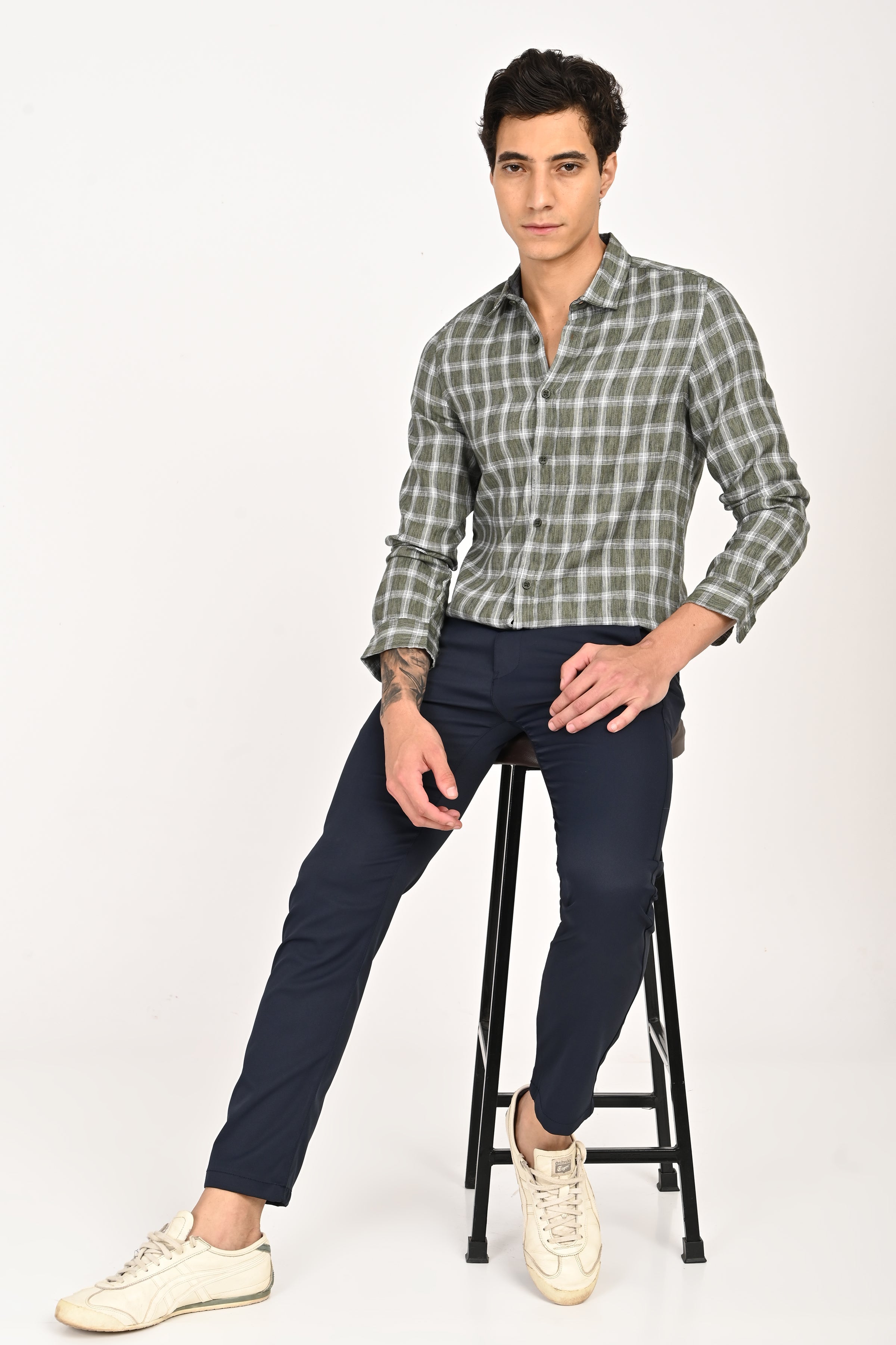 Men Syria Cotton Linen Check Shirt