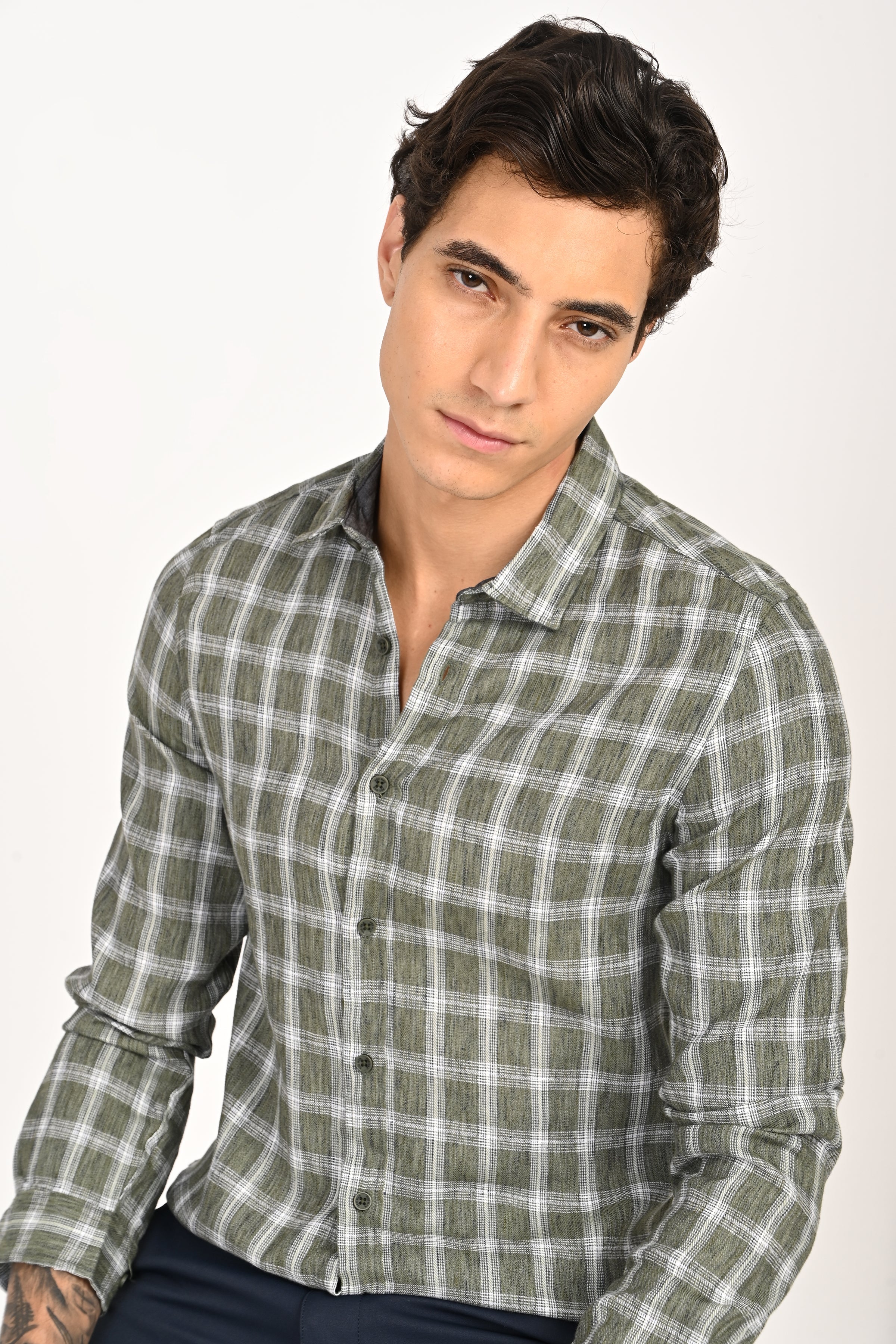 Men Syria Cotton Linen Check Shirt