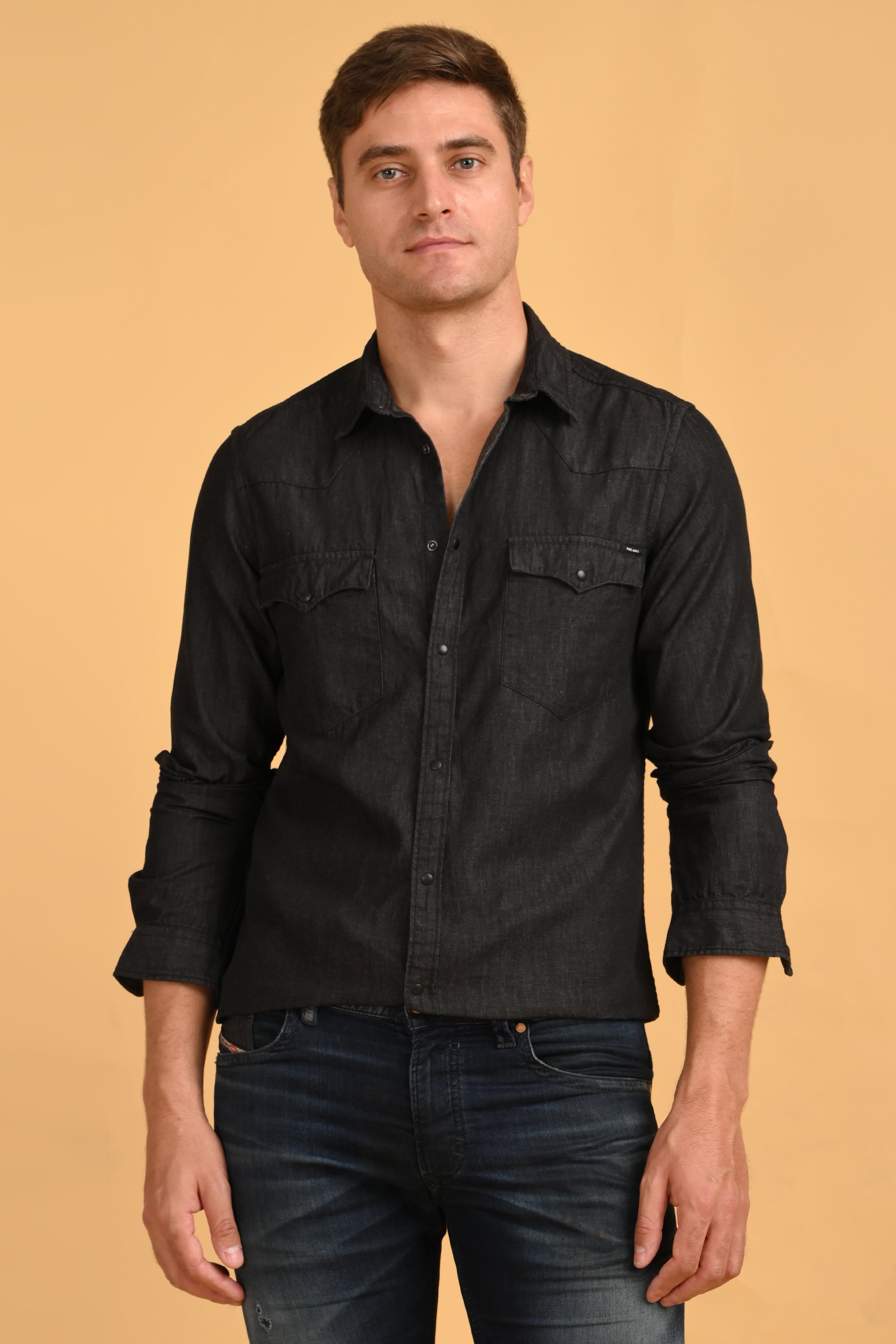 Mens RAISON Black Detailed Denim Shirt