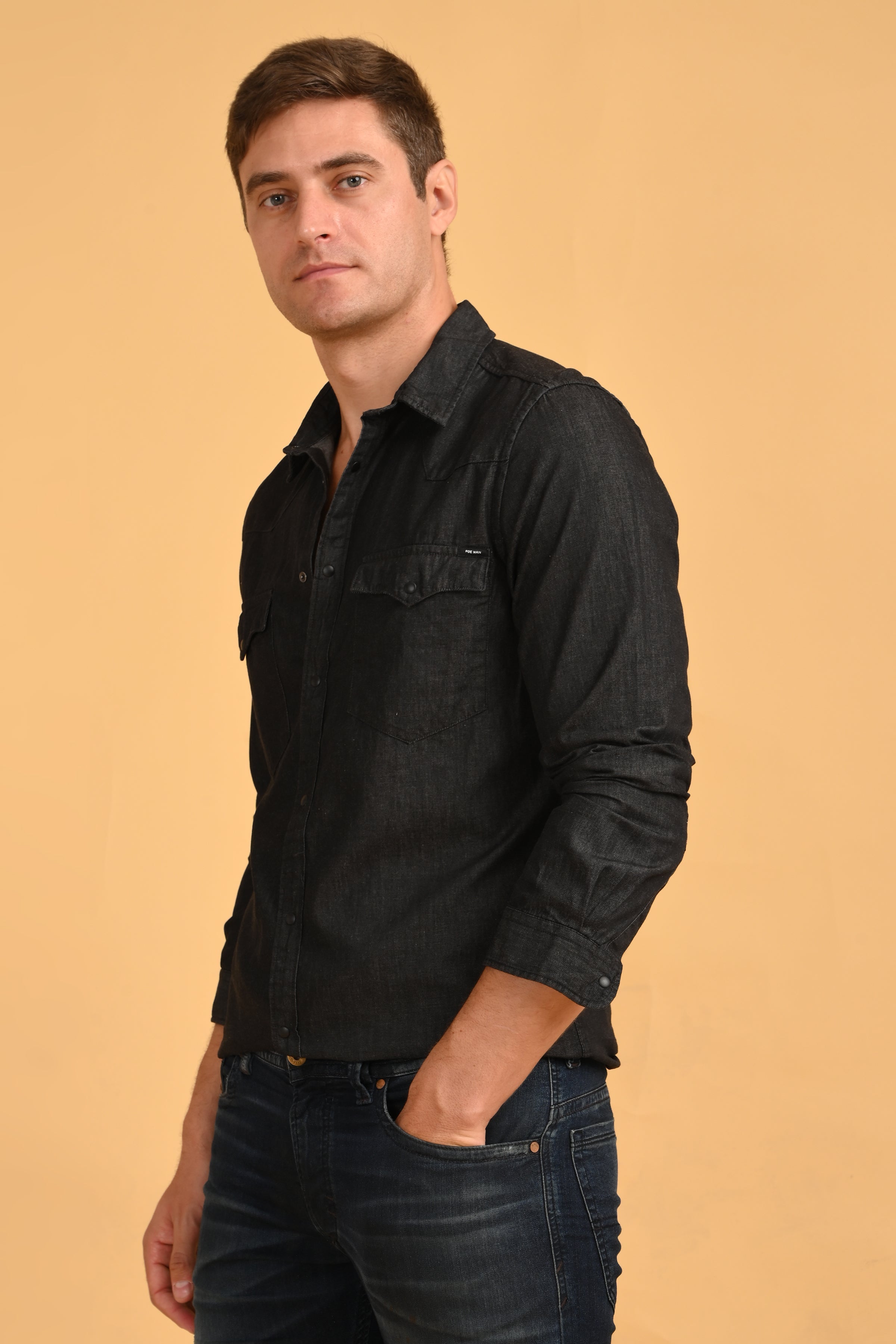 Mens RAISON Black Detailed Denim Shirt