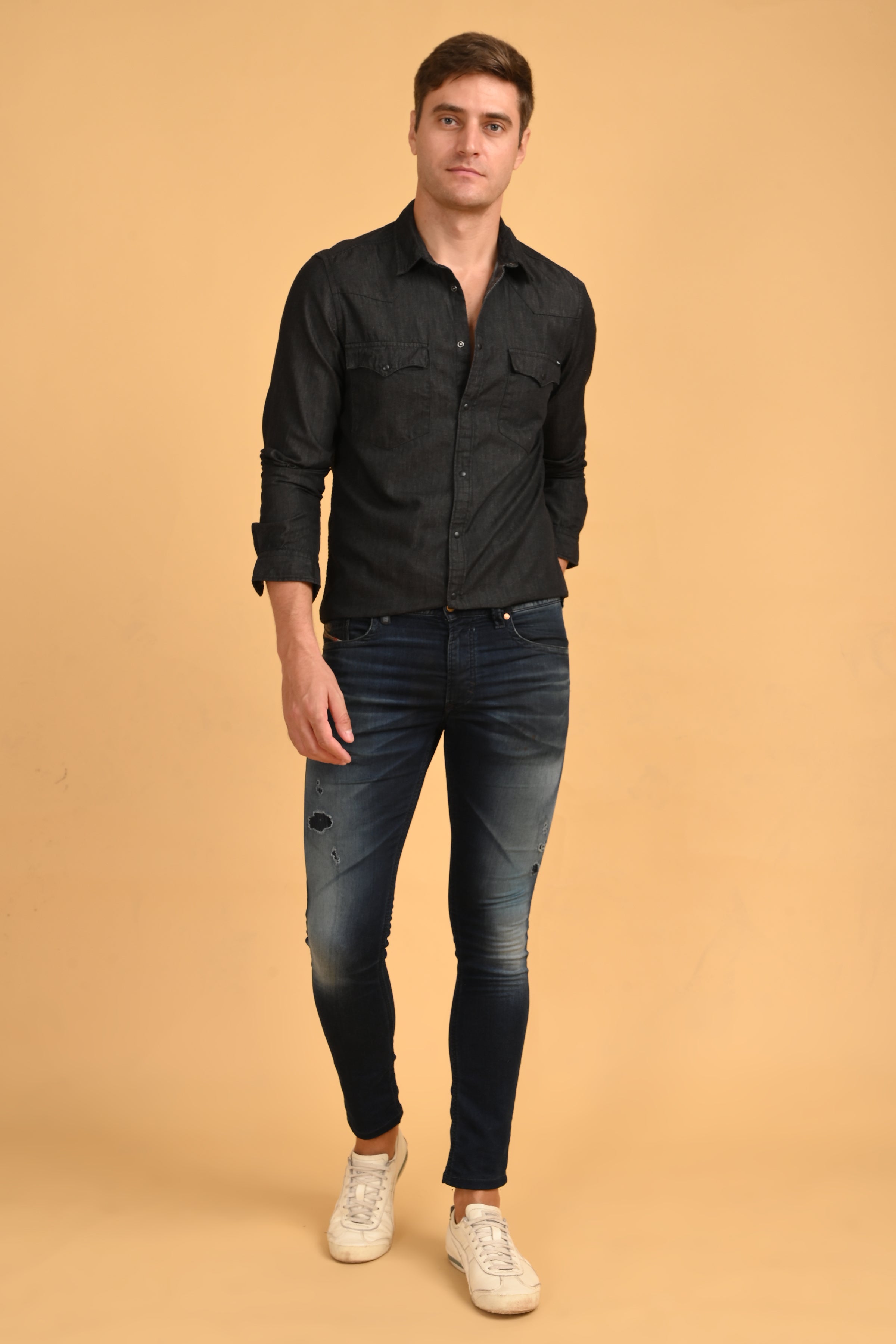 Mens RAISON Black Detailed Denim Shirt