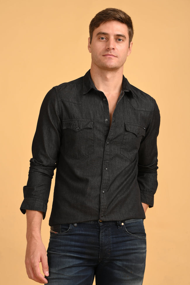 Mens RAISON Black Detailed Denim Shirt