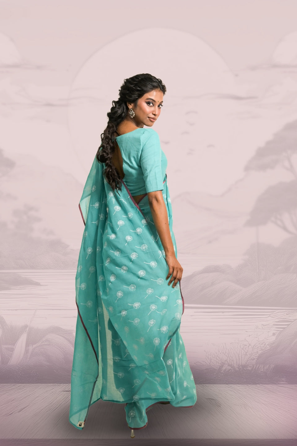 Dandelions Turquoise Blue Handloom Mul Cotton Saree with Handblock-Printed Dandelion Motifs