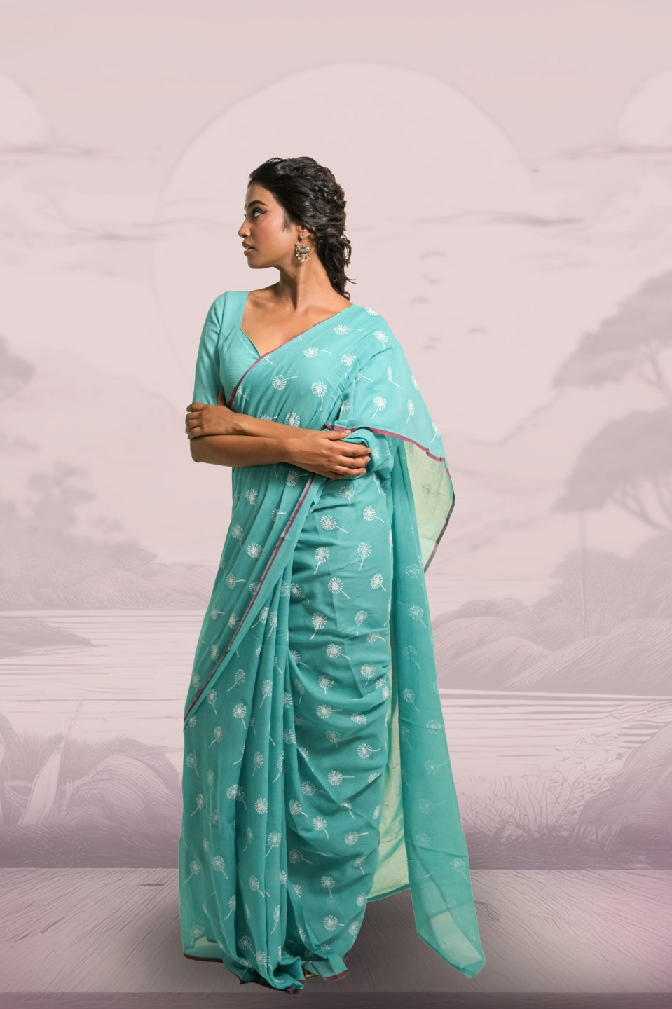 Dandelions Turquoise Blue Handloom Mul Cotton Saree with Handblock-Printed Dandelion Motifs