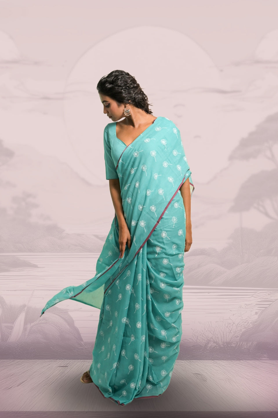 Dandelions Turquoise Blue Handloom Mul Cotton Saree with Handblock-Printed Dandelion Motifs