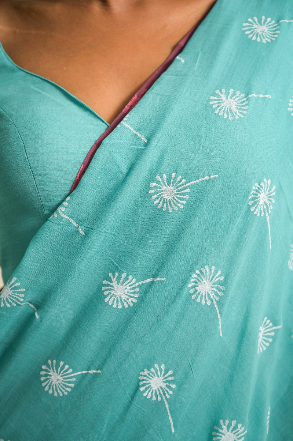 Dandelions Turquoise Blue Handloom Mul Cotton Saree with Handblock-Printed Dandelion Motifs