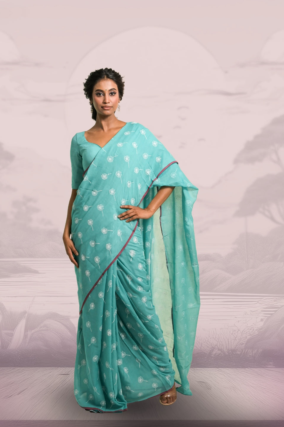Dandelions Turquoise Blue Handloom Mul Cotton Saree with Handblock-Printed Dandelion Motifs