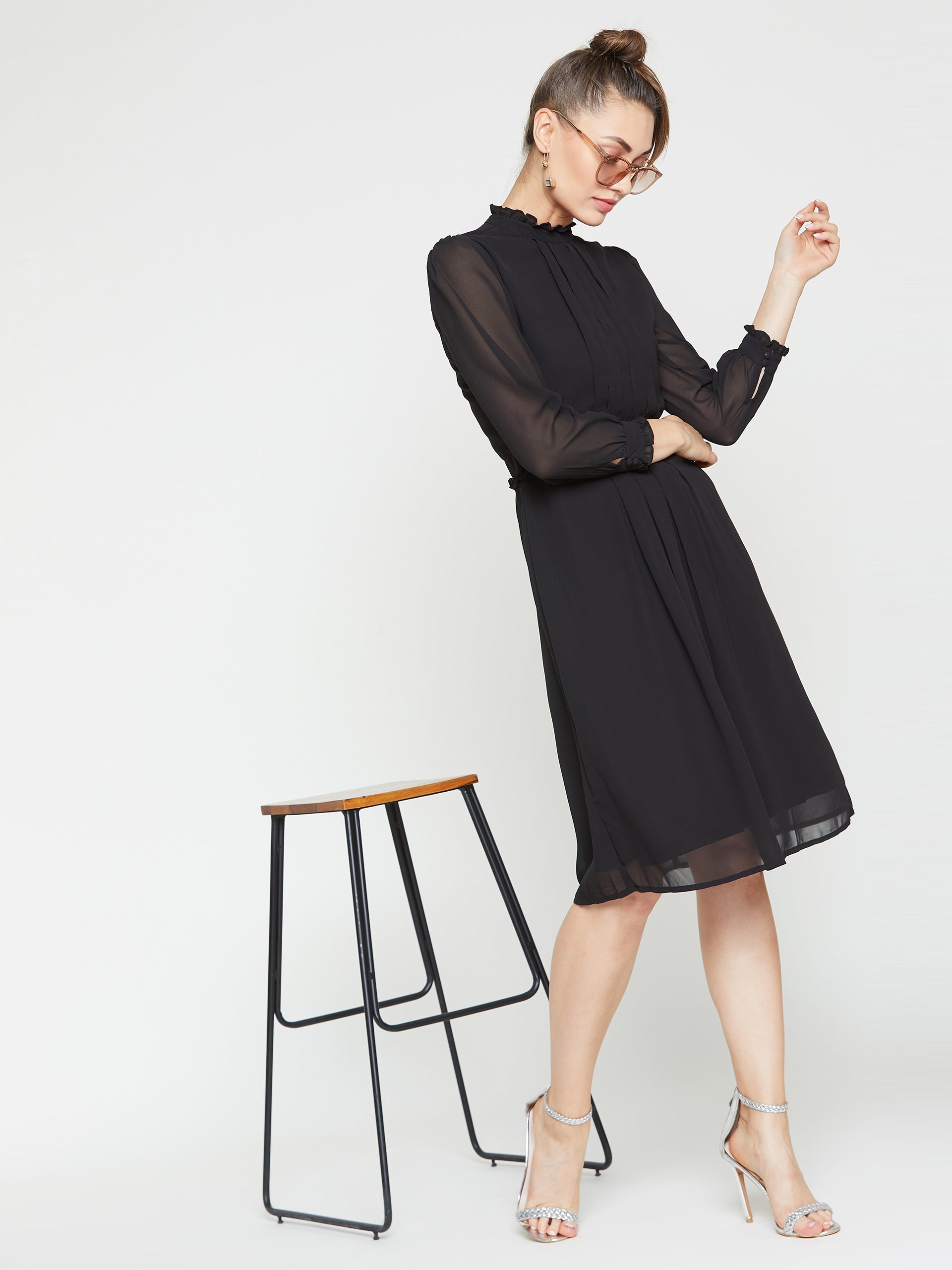 Black Solid A-Line Dress