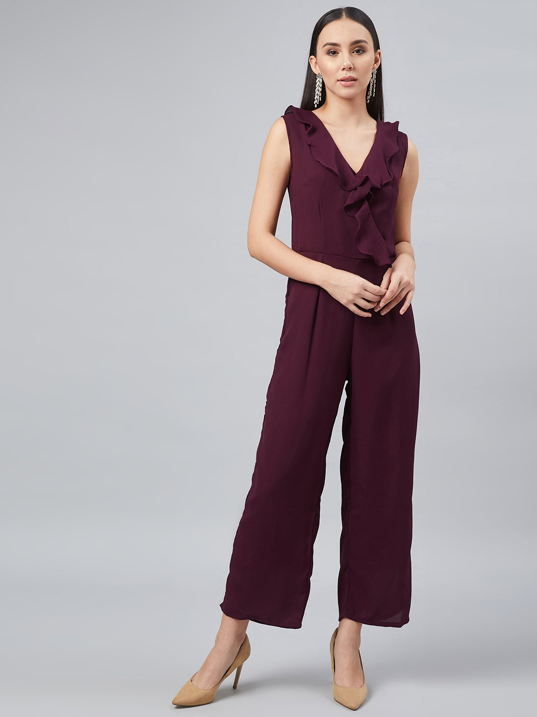 Maroon Basic Jumpsuit with Ruffles